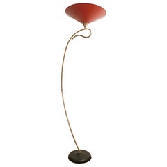 Midcentury Red Metal and Brass Floor Lamp, 1950s Midcentury Red Metal and Brass Floor Lamp, 1950s