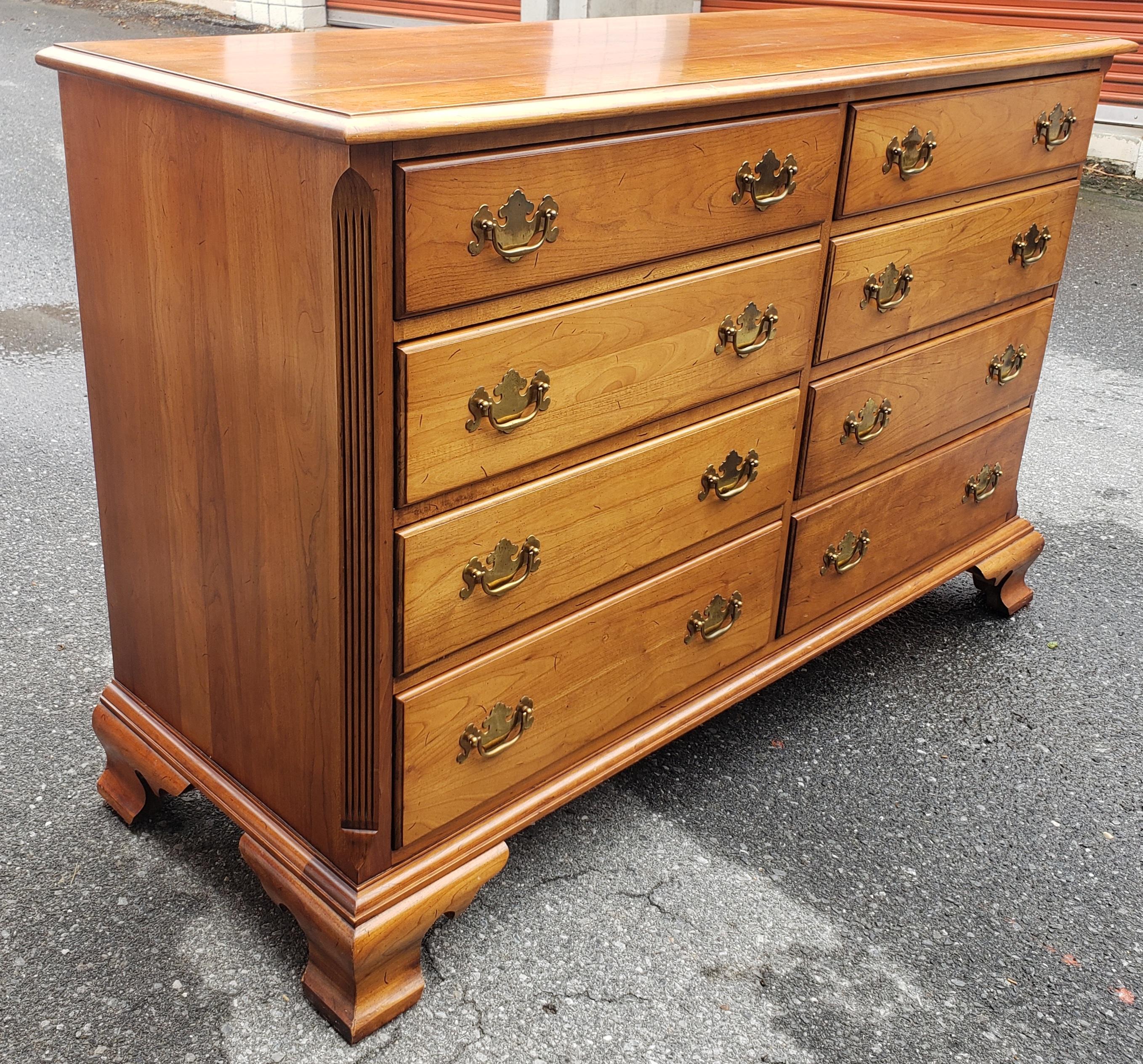 Stained Midcentury Refinished Chippendale 8-Drawer Light Wild Cherry Double Dresser For Sale