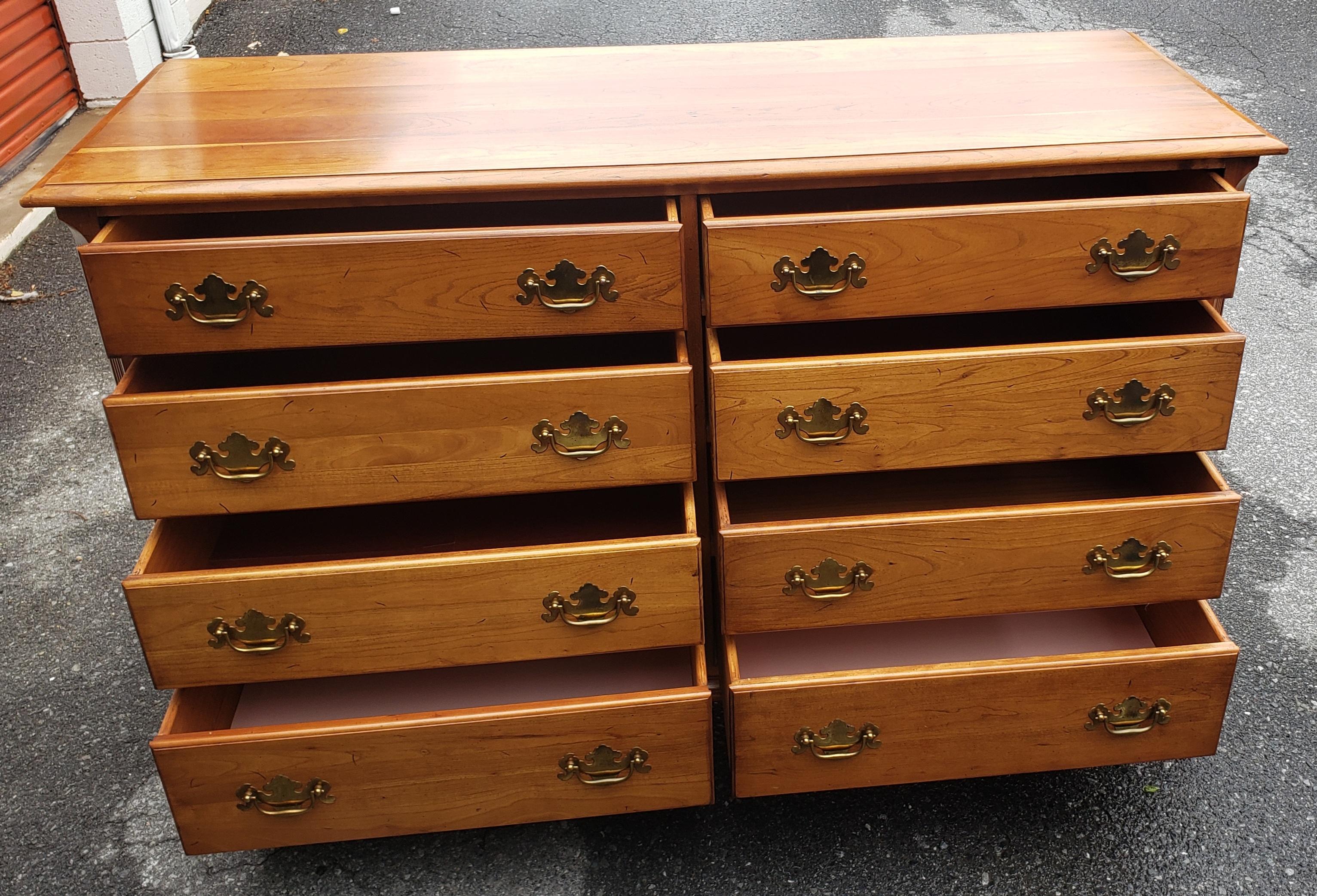 20th Century Midcentury Refinished Chippendale 8-Drawer Light Wild Cherry Double Dresser For Sale