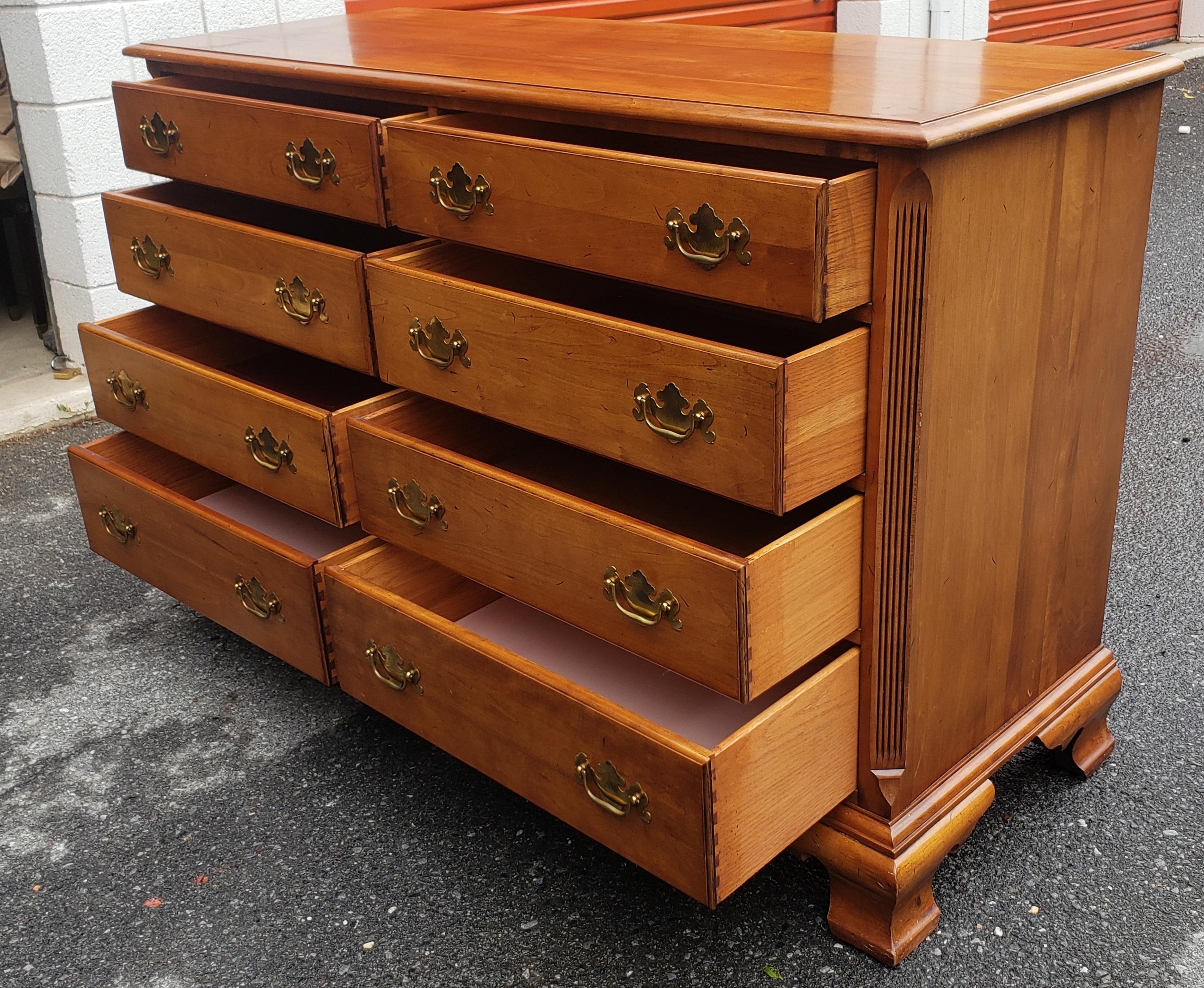 Brass Midcentury Refinished Chippendale 8-Drawer Light Wild Cherry Double Dresser For Sale