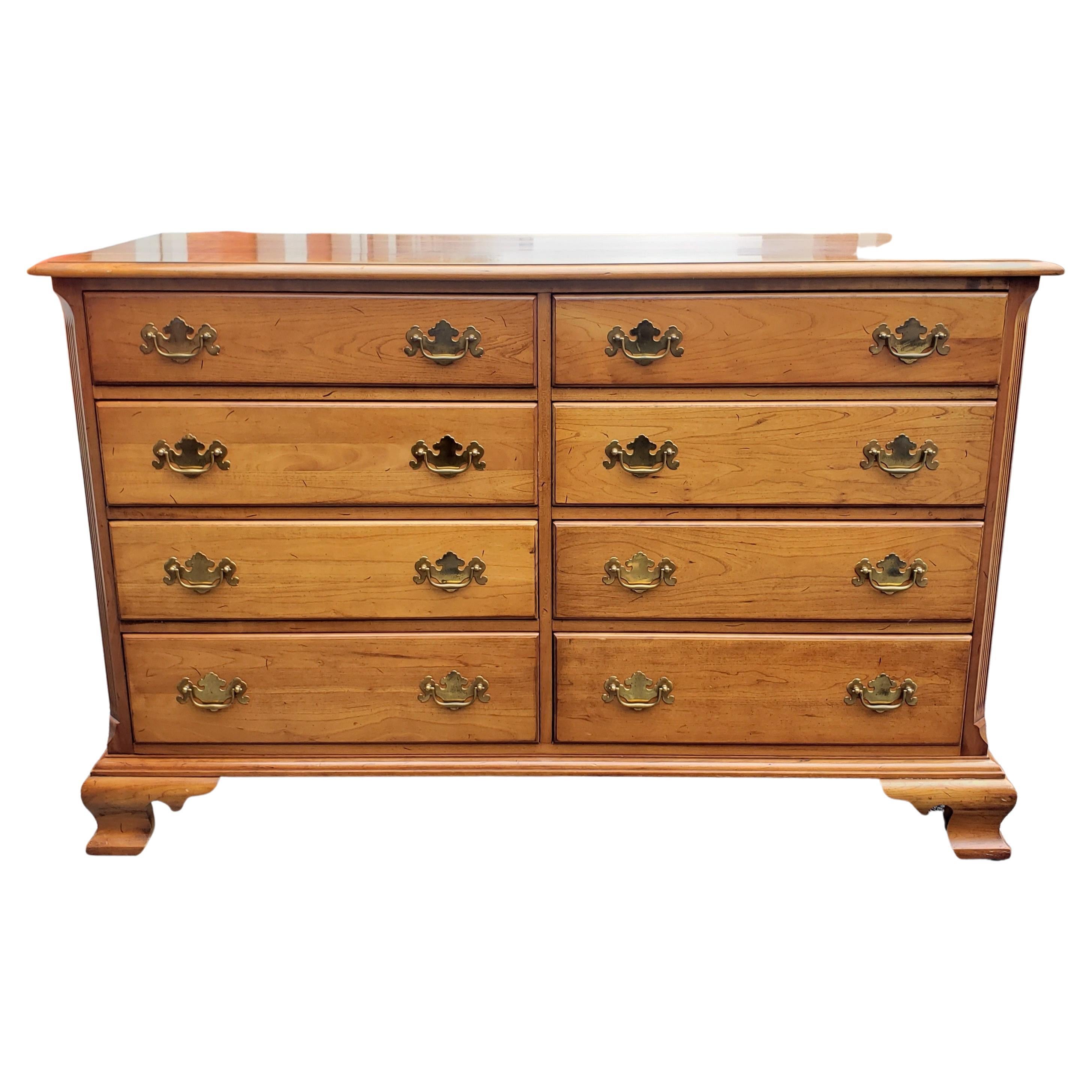 Midcentury Refinished Chippendale 8-Drawer Light Wild Cherry Double Dresser For Sale