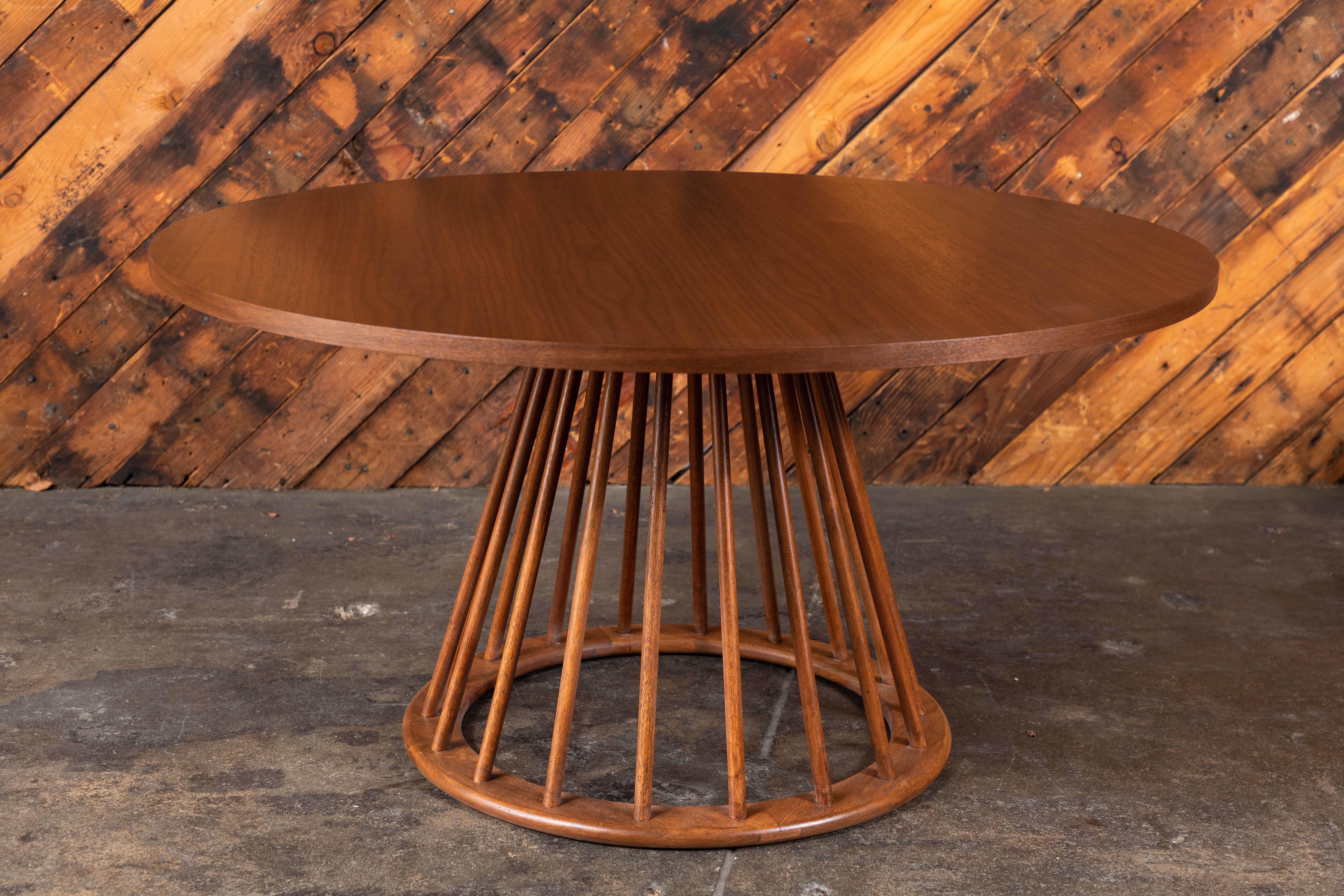 Tabletop is a new walnut top on refinished Umanoff base. The four low stools are refinished with newly upholstered tops. Perfect for game night with friends. 

Measure: Table diameter 36, height 18

Stools diameter 16, height 16.