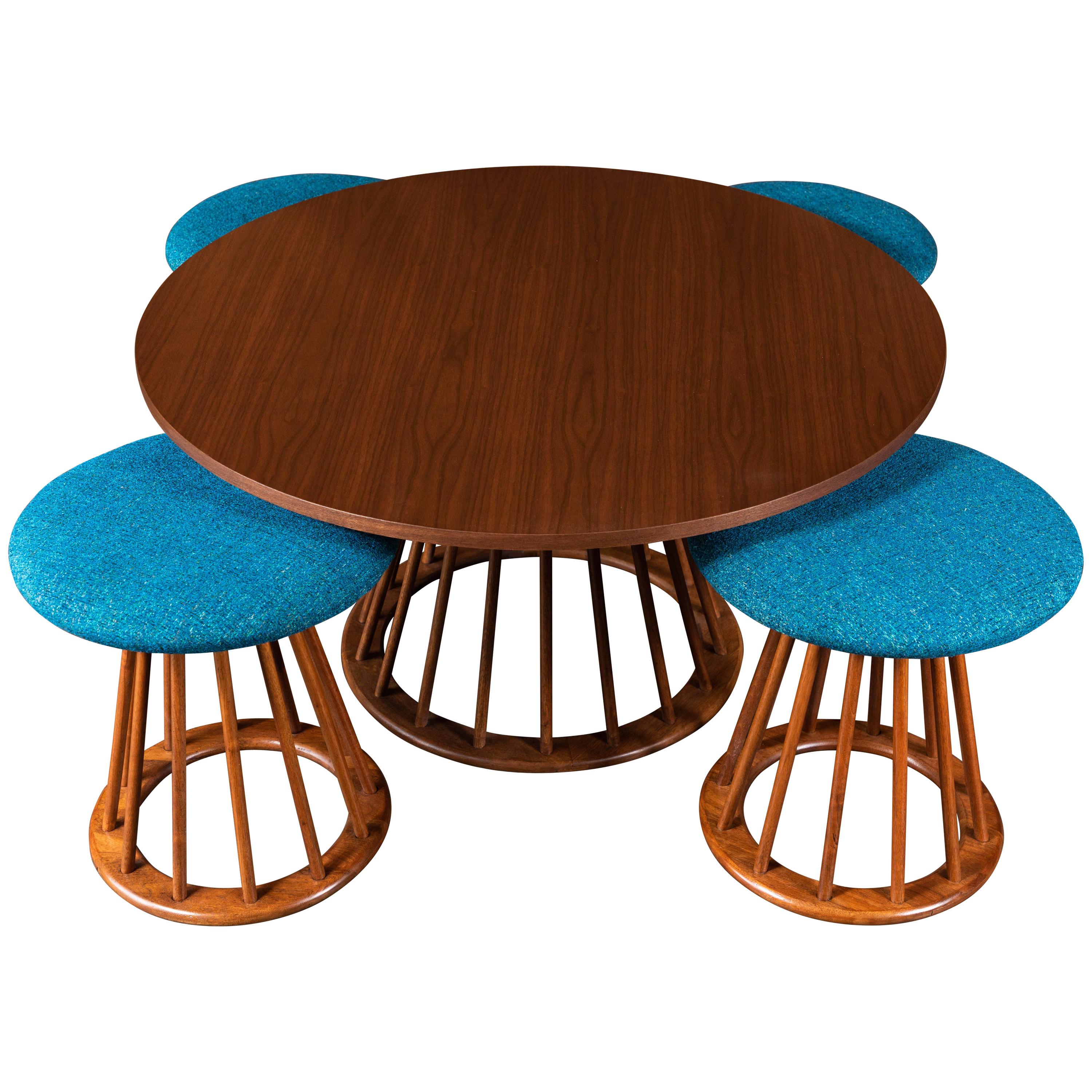 Midcentury Refinished Walnut Game Table with Four Spindle Base Stools, Arthur Um For Sale