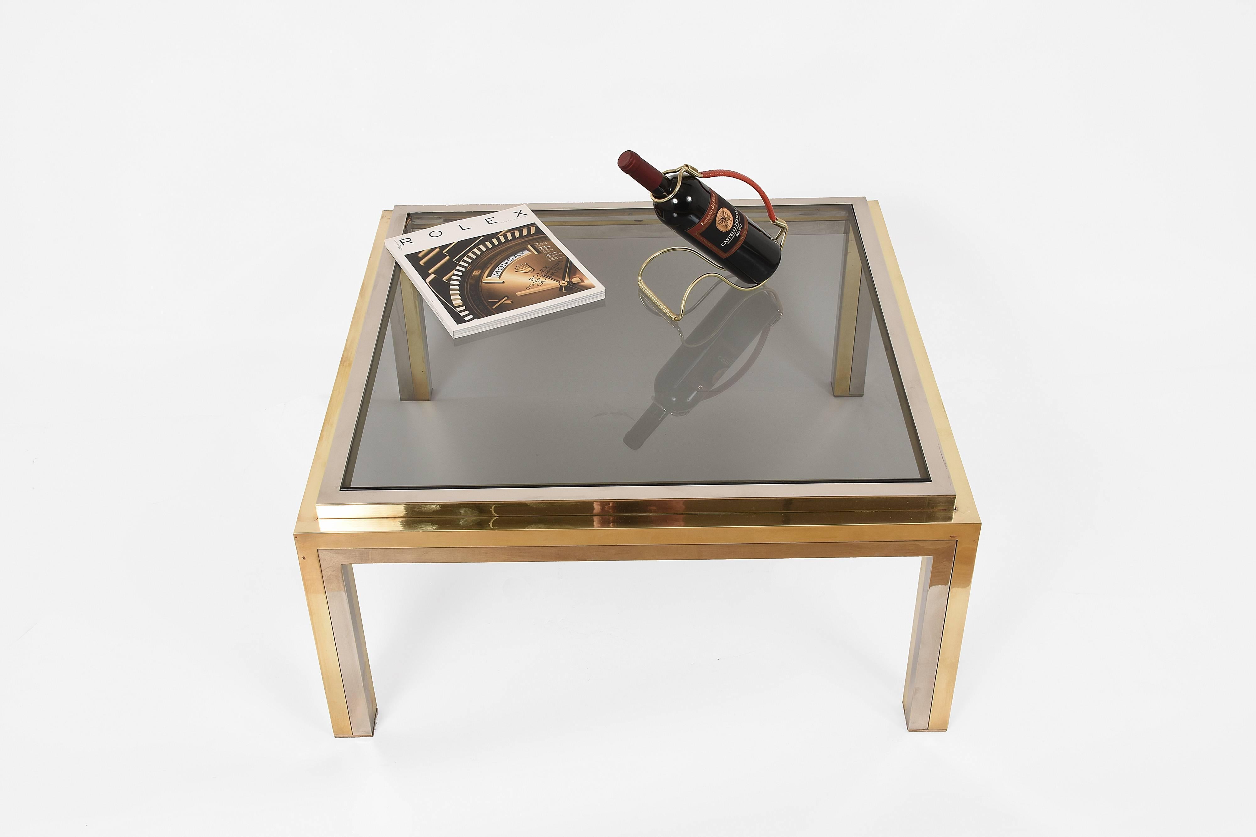 Midcentury Rega Smoked Glass, Brass and Chrome Square Coffee Table, Italy 1970s For Sale 4