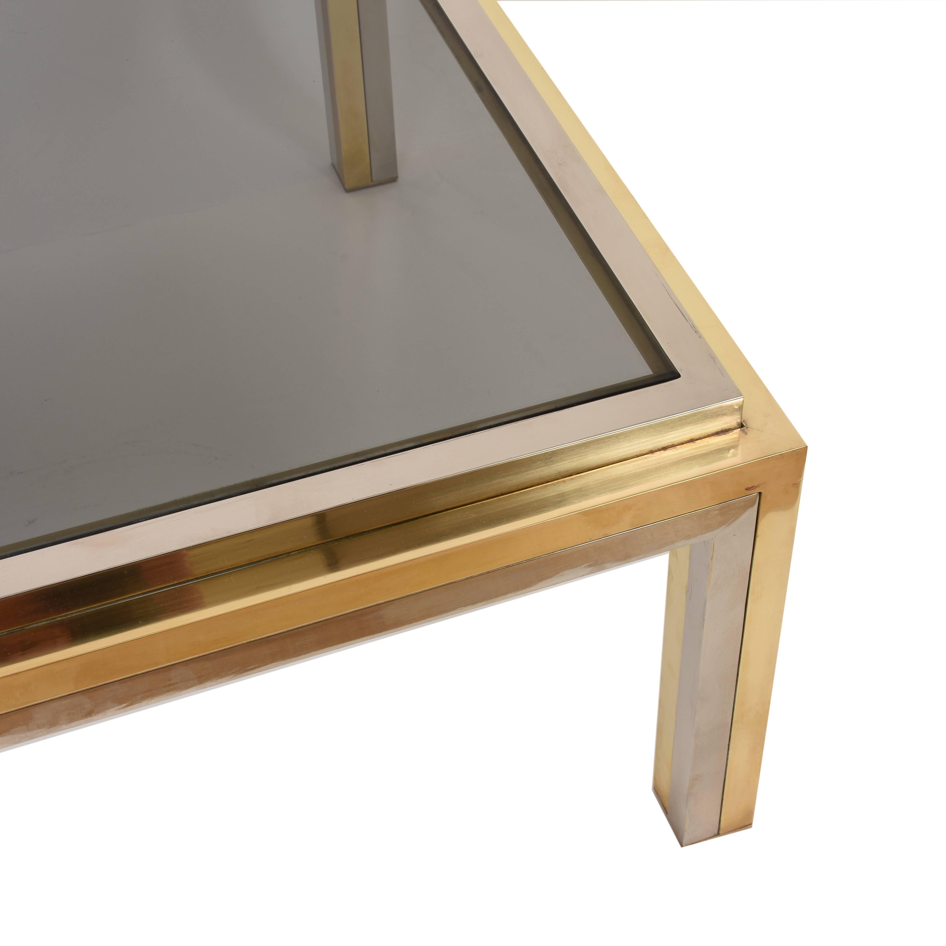 Italian Midcentury Rega Smoked Glass, Brass and Chrome Square Coffee Table, Italy 1970s For Sale