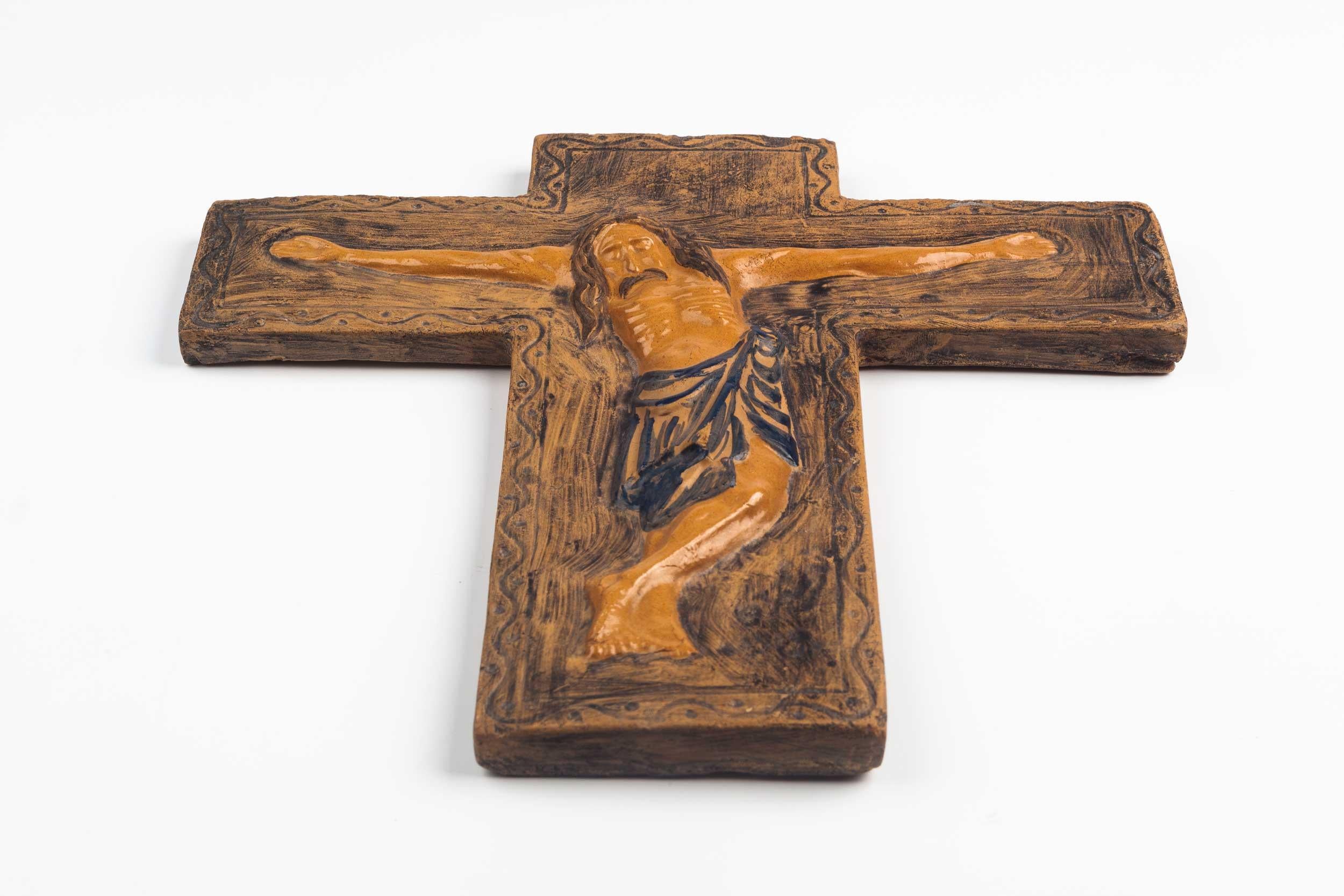 Mid-Century Modern Midcentury Religious European Ceramic Crucifix, 1970s For Sale