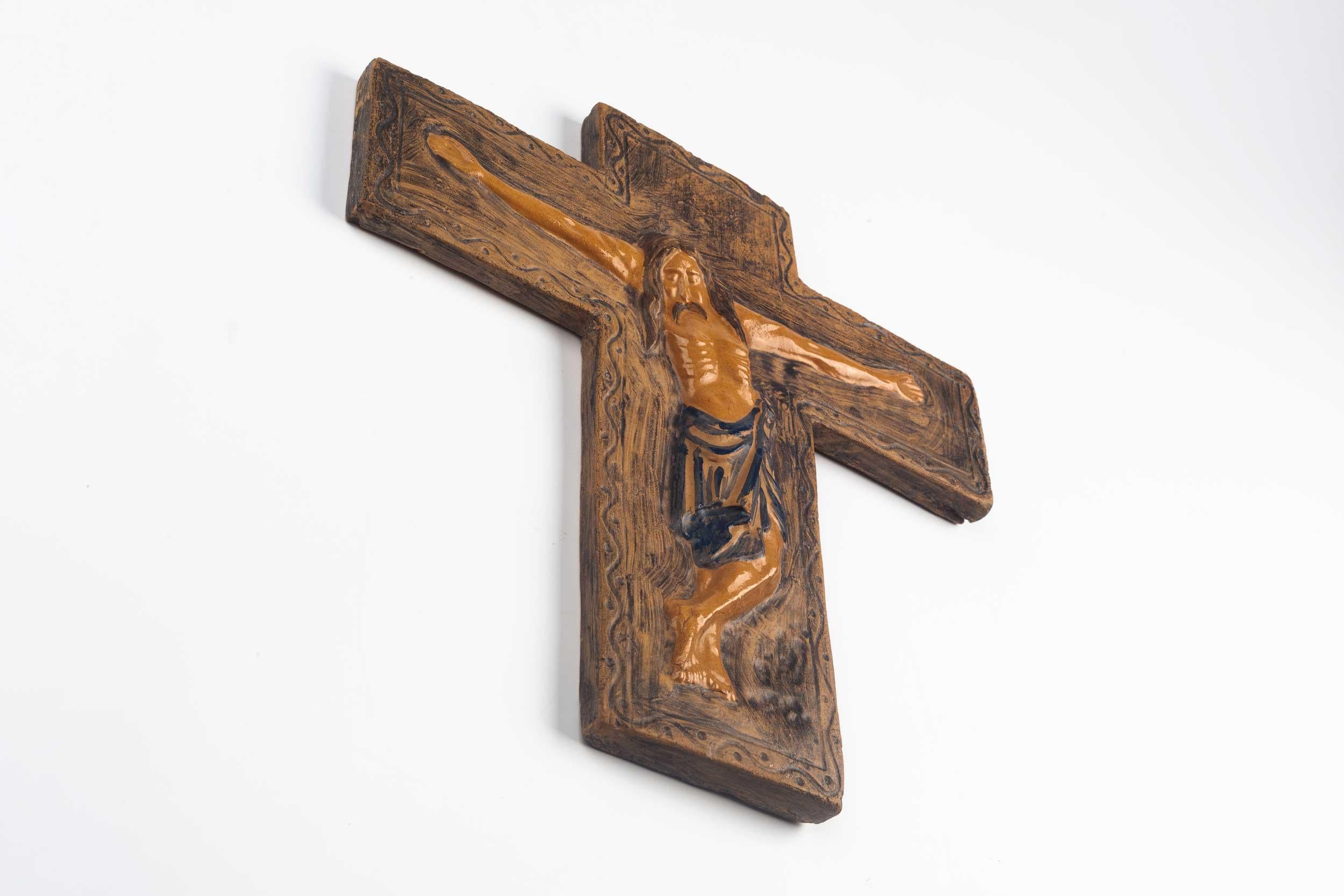 Belgian Midcentury Religious European Ceramic Crucifix, 1970s For Sale