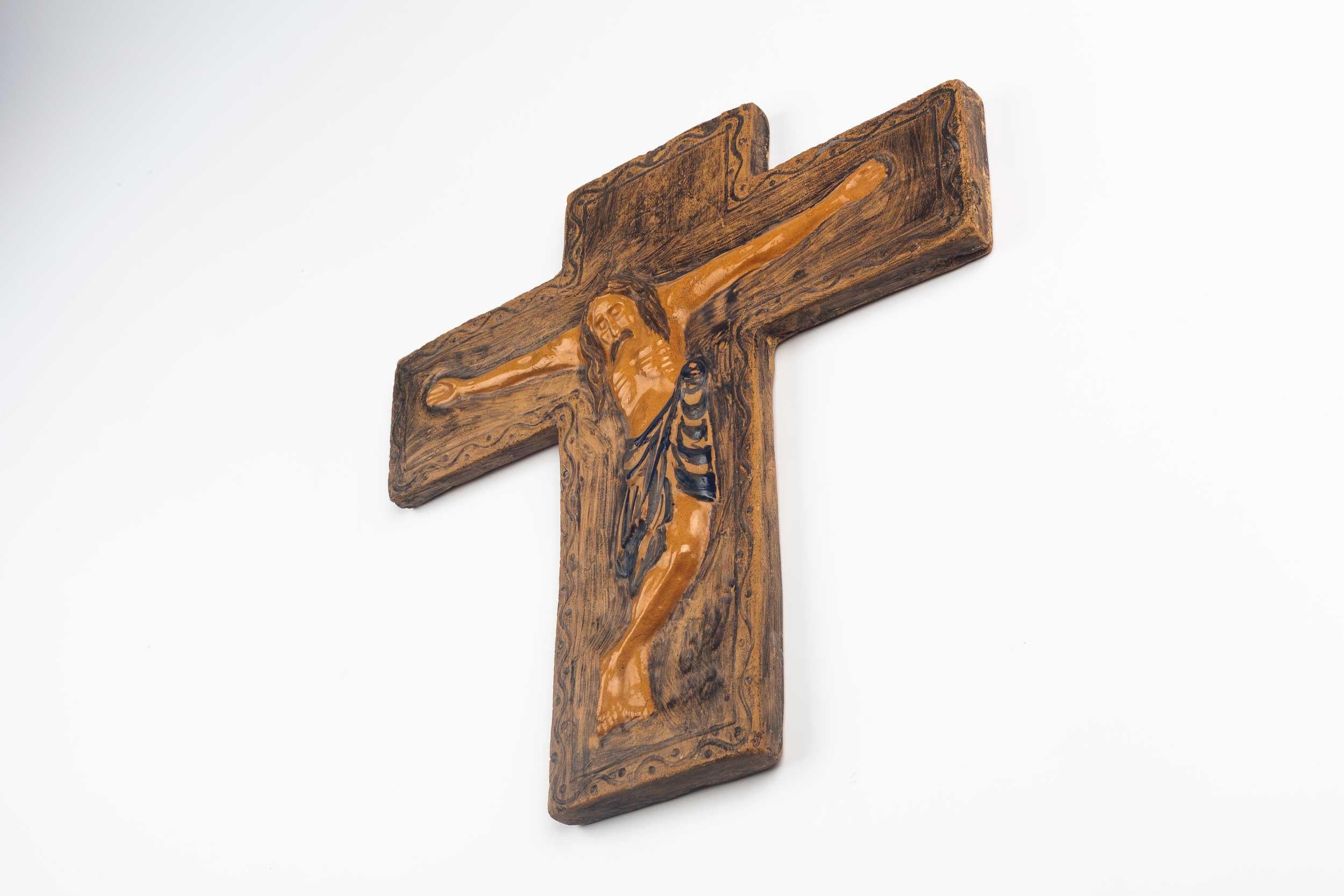 Hand-Crafted Midcentury Religious European Ceramic Crucifix, 1970s For Sale