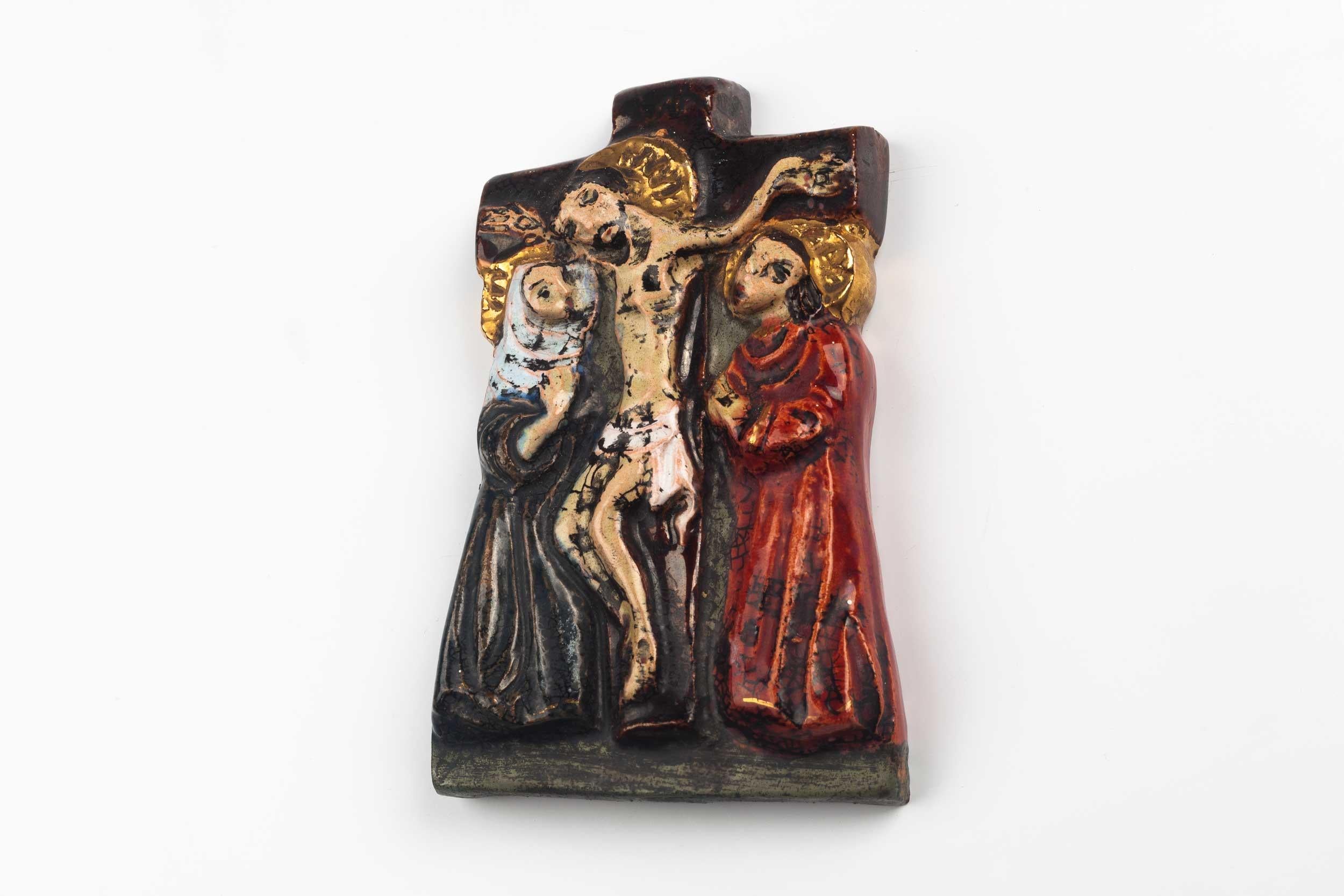 Clay Midcentury Religious European Ceramic Crucifix, 1970s