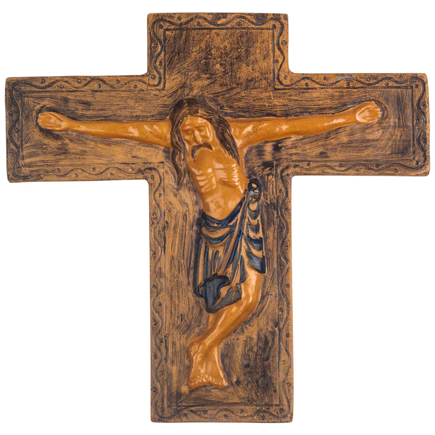 Midcentury Religious European Ceramic Crucifix, 1970s For Sale