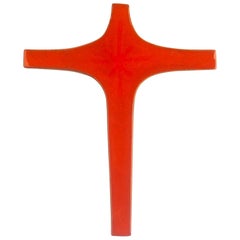 Midcentury Religious European Ceramic Crucifix, Bright Orange, 1970s