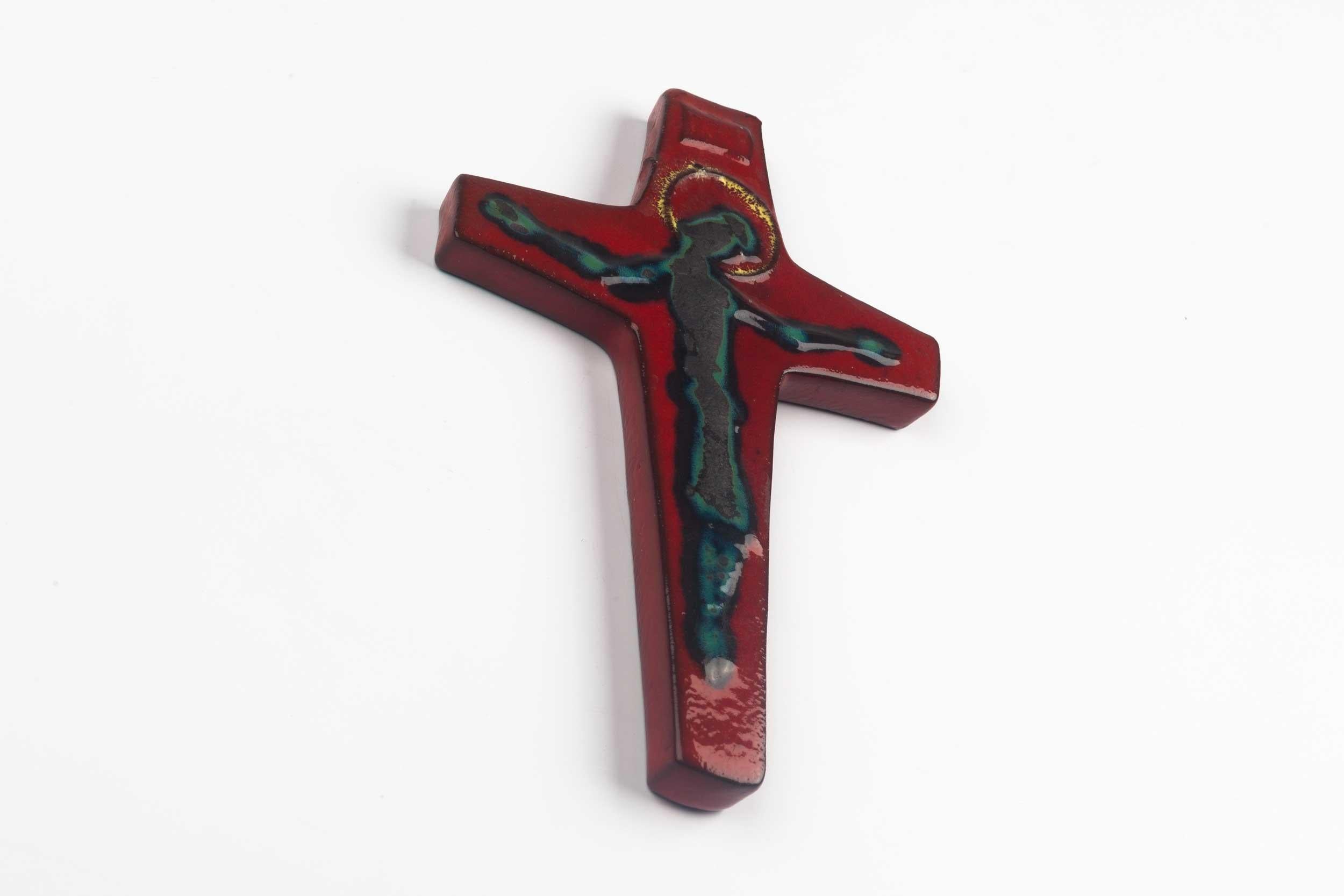 Mid-Century Modern Midcentury Religious European Ceramic Crucifix, Deep Colors, 1970s For Sale