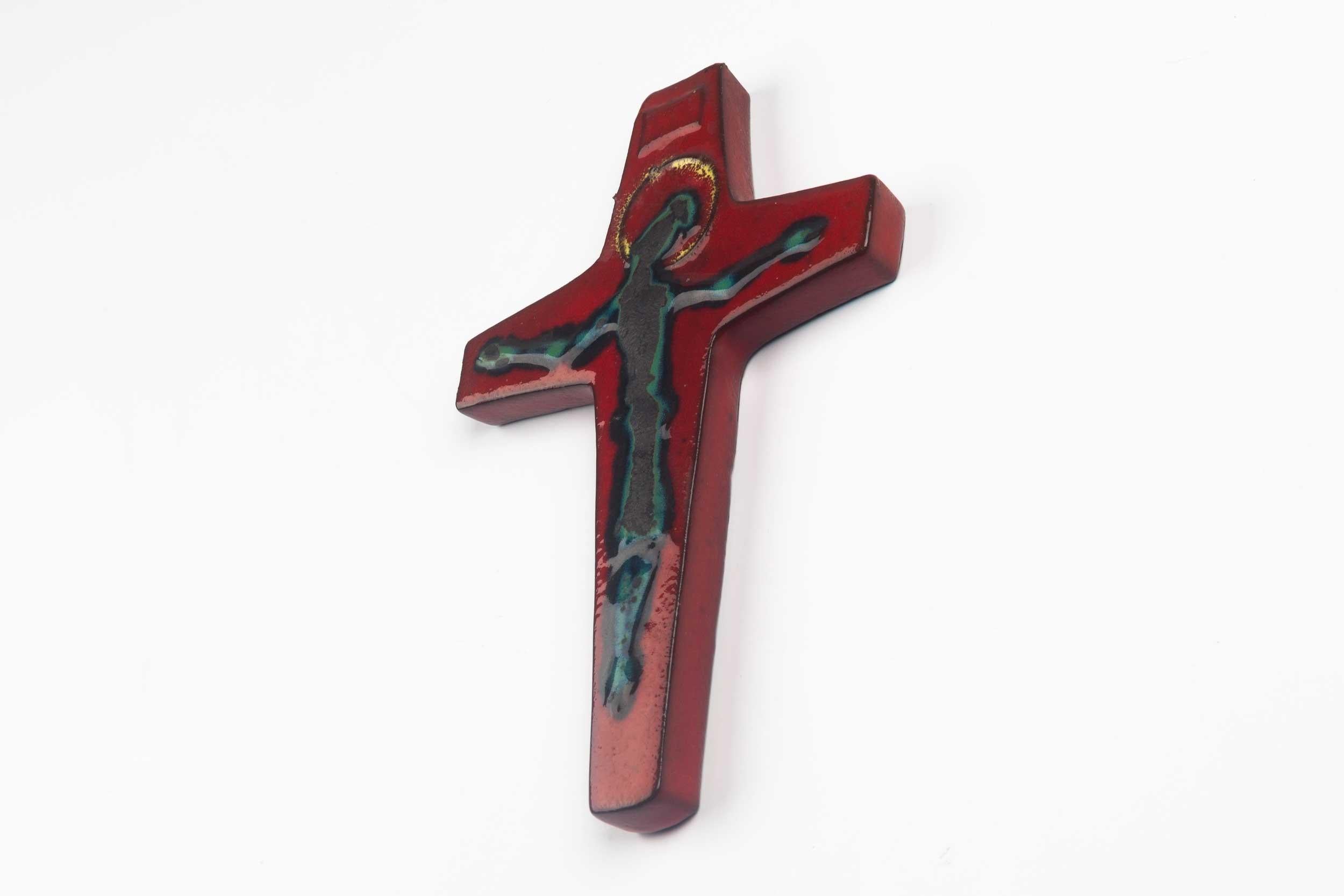 Belgian Midcentury Religious European Ceramic Crucifix, Deep Colors, 1970s For Sale