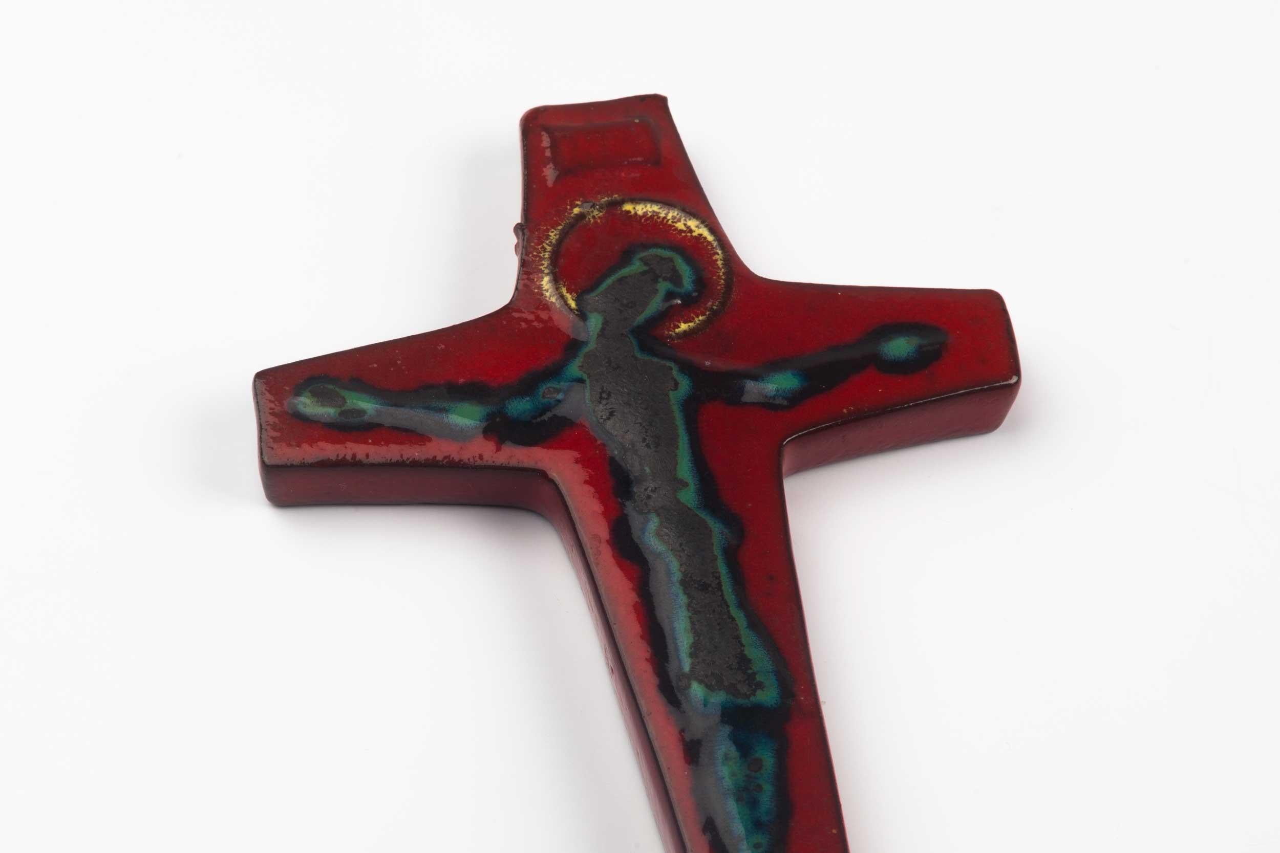 Clay Midcentury Religious European Ceramic Crucifix, Deep Colors, 1970s For Sale