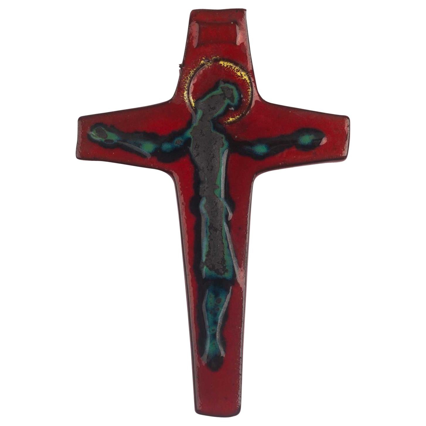 Midcentury Religious European Ceramic Crucifix, Deep Colors, 1970s For Sale
