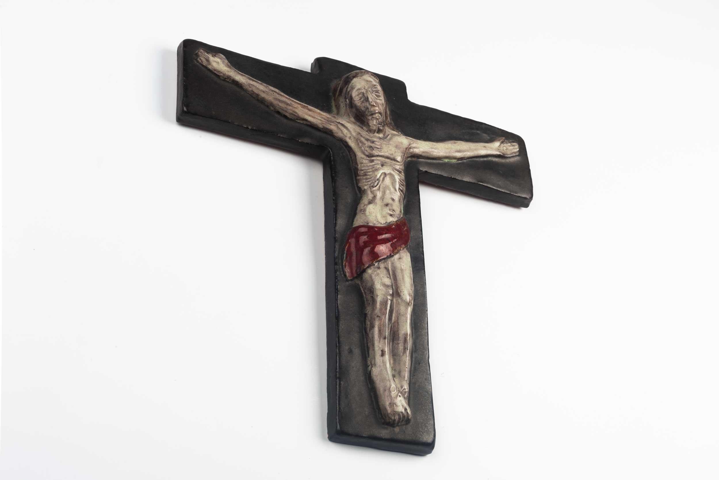 Mid-Century Modern Midcentury Religious European Crucifix, Gray, Red, 1970s For Sale