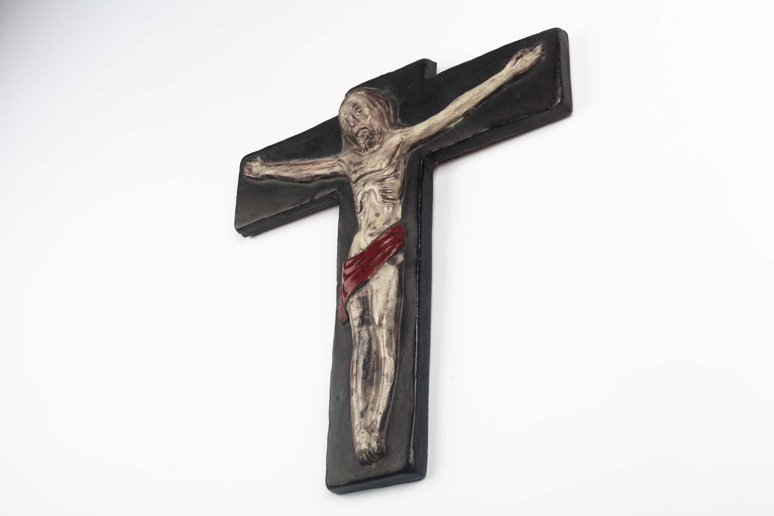 Belgian Midcentury Religious European Crucifix, Gray, Red, 1970s For Sale