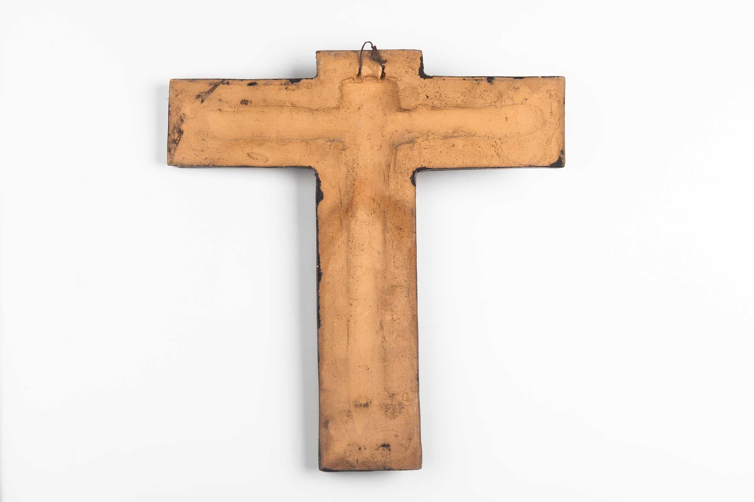 Hand-Crafted Midcentury Religious European Crucifix, Gray, Red, 1970s For Sale