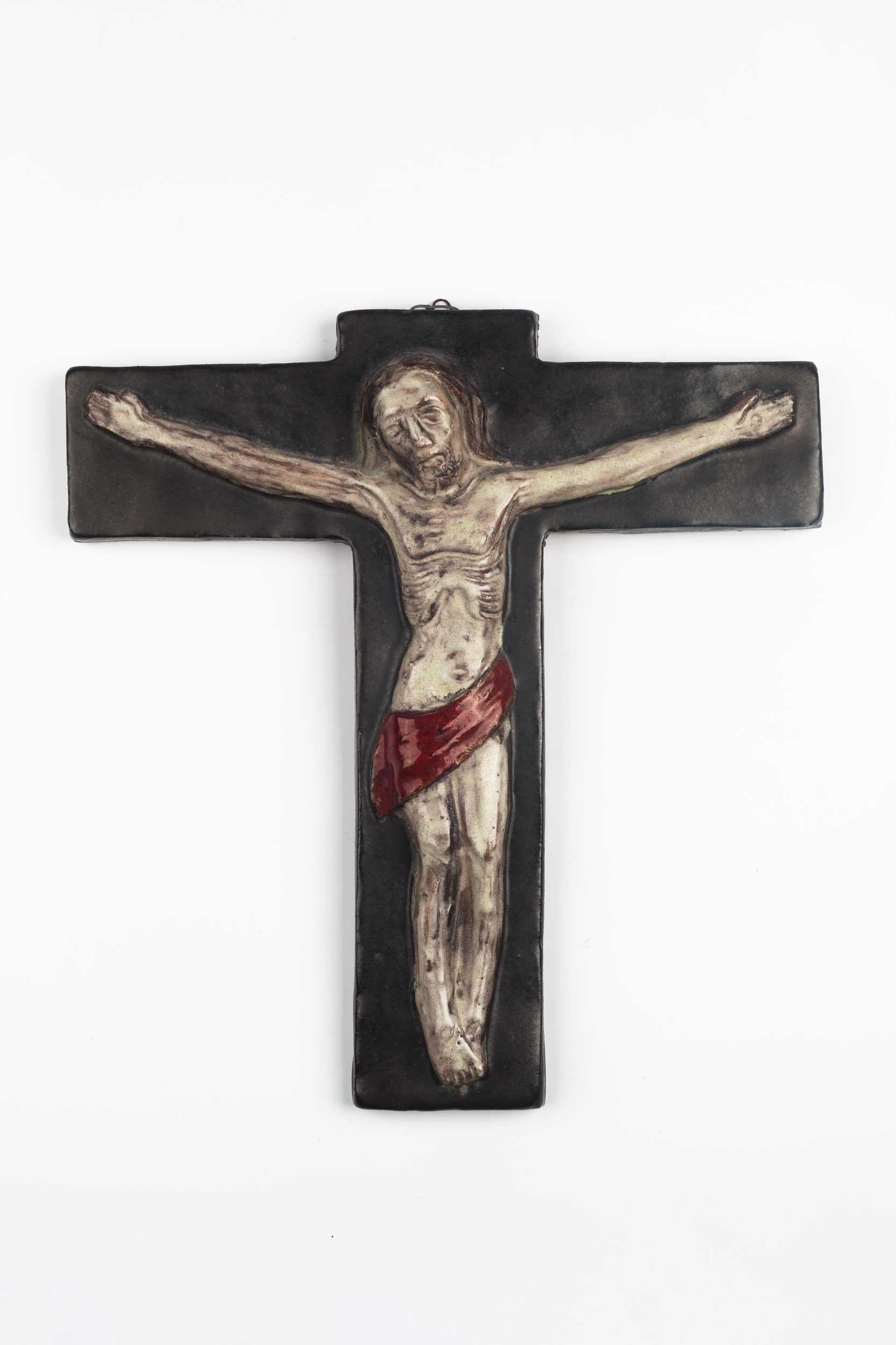 Midcentury Religious European Crucifix, Gray, Red, 1970s In Good Condition For Sale In Chicago, IL