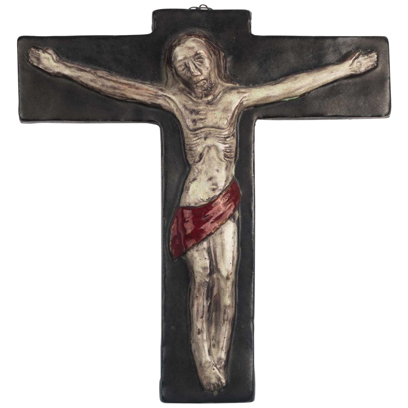 Midcentury Religious European Crucifix, Gray, Red, 1970s For Sale