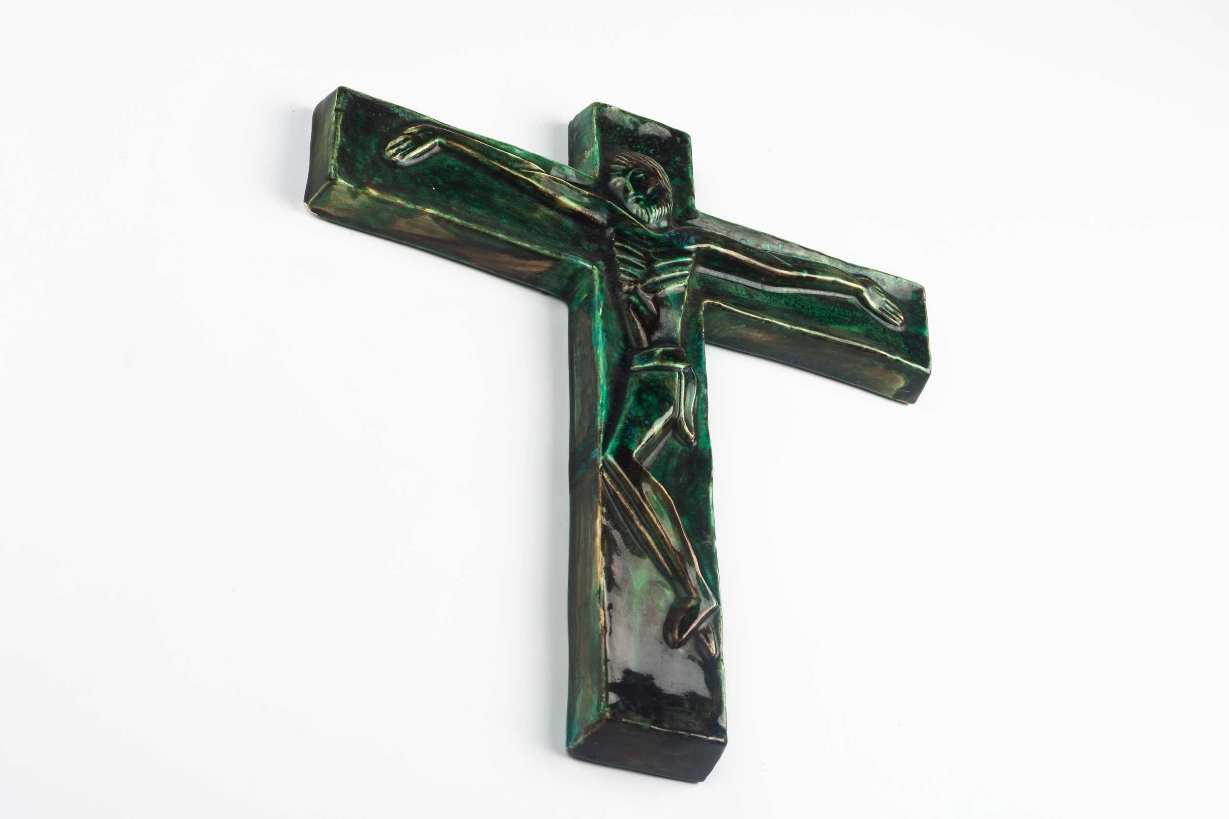 Mid-Century Modern Midcentury Religious European Crucifix, Green, 1970s For Sale