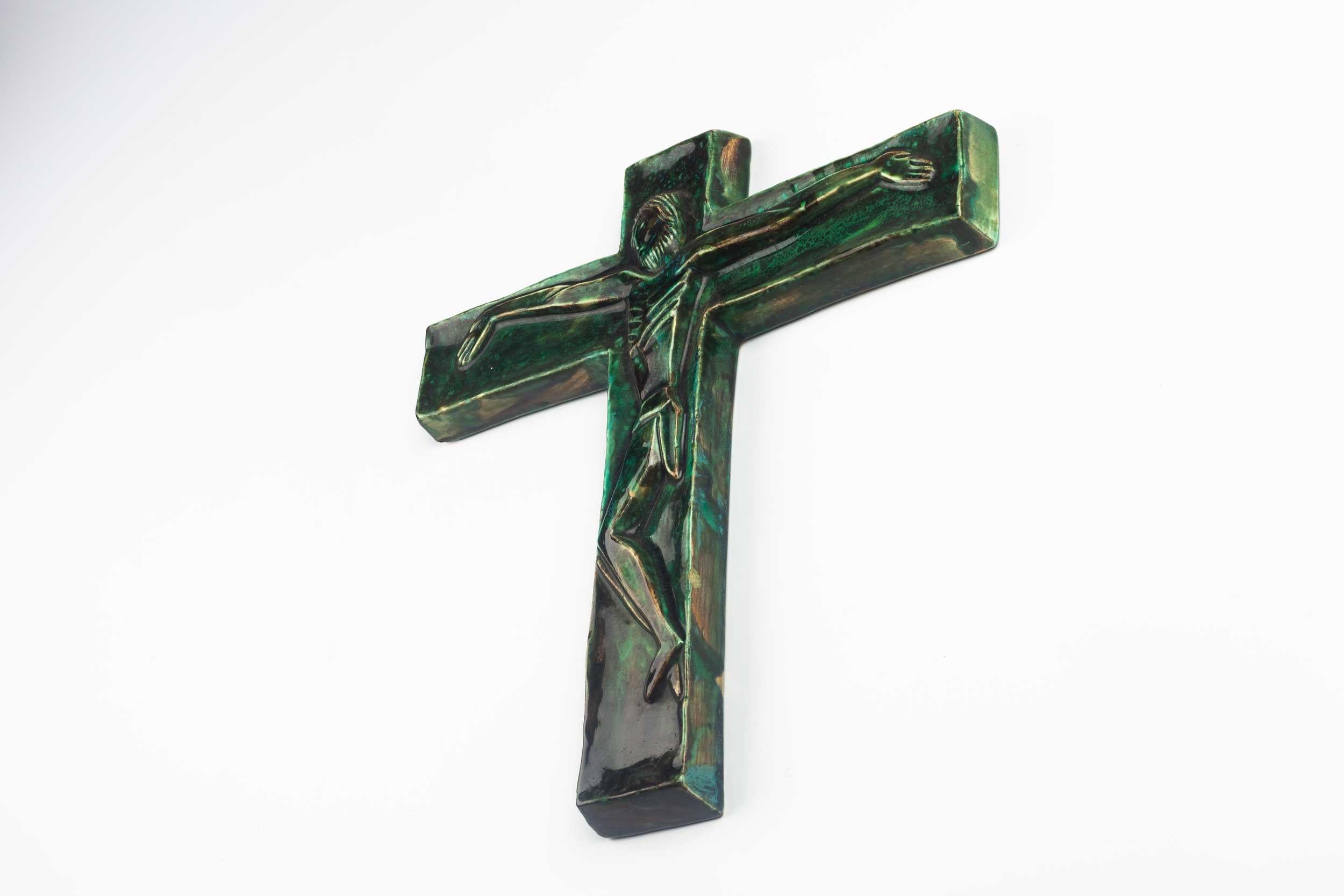 Belgian Midcentury Religious European Crucifix, Green, 1970s For Sale