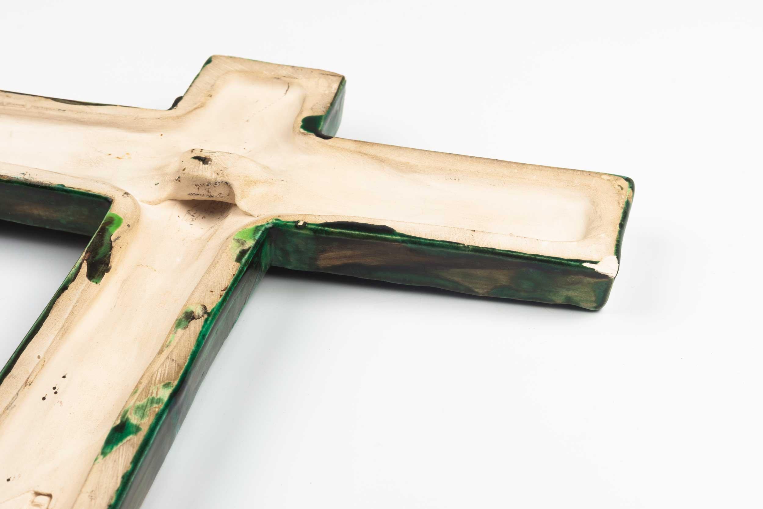 Hand-Crafted Midcentury Religious European Crucifix, Green, 1970s For Sale