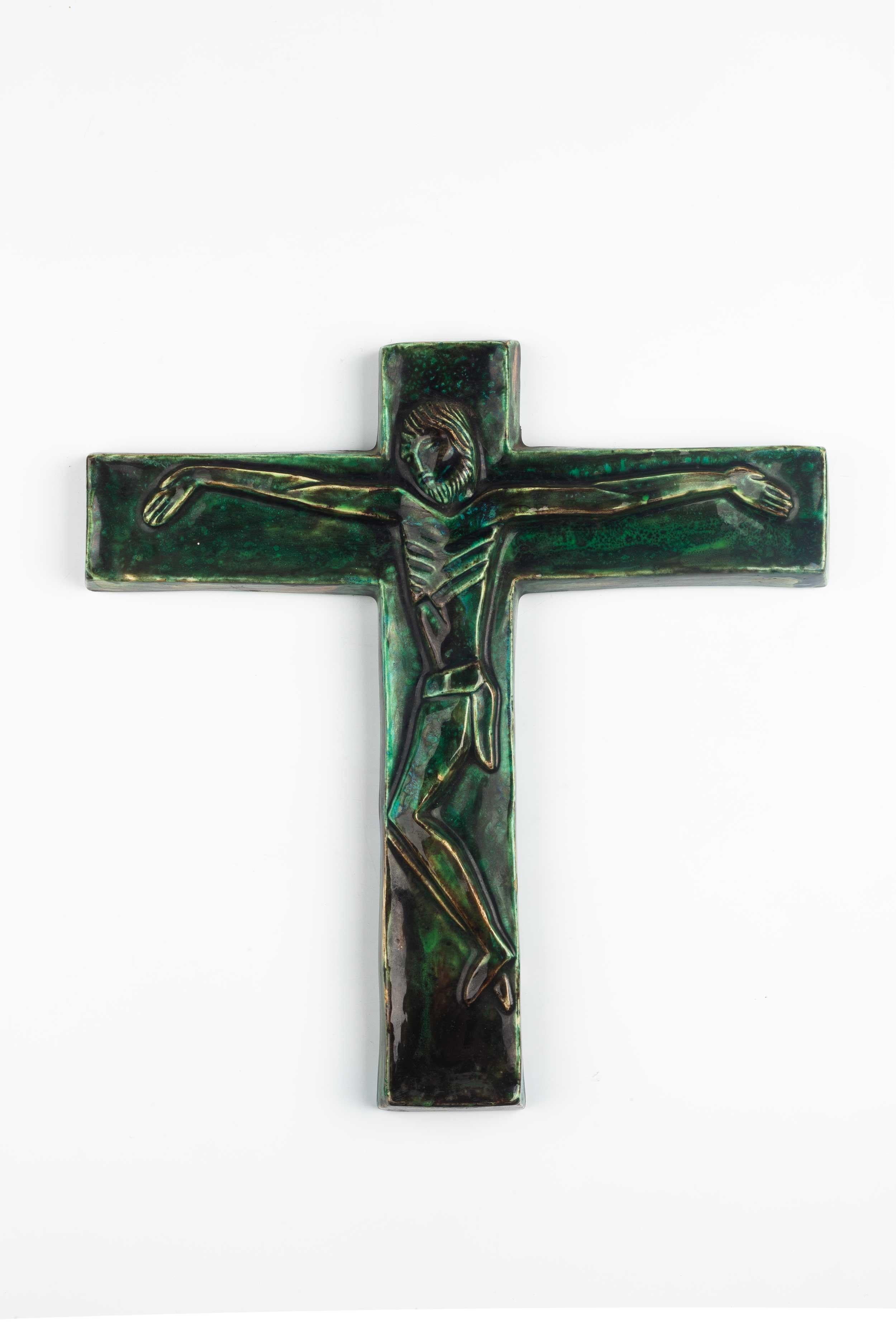 Late 20th Century Midcentury Religious European Crucifix, Green, 1970s For Sale