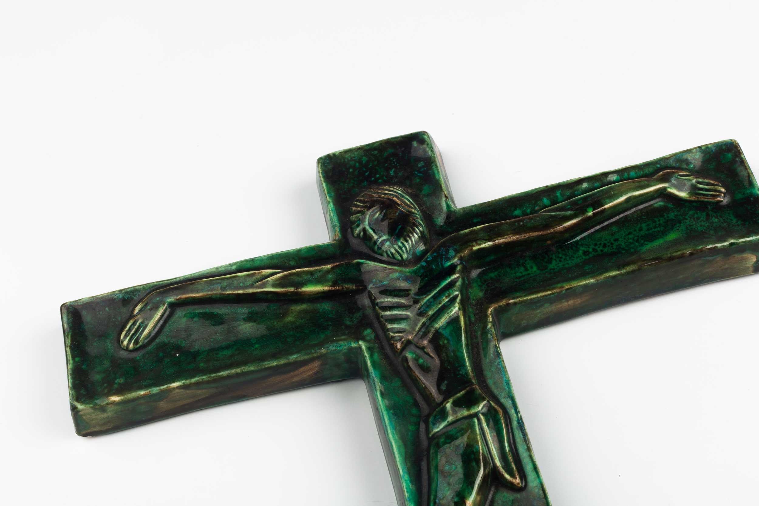 Clay Midcentury Religious European Crucifix, Green, 1970s For Sale