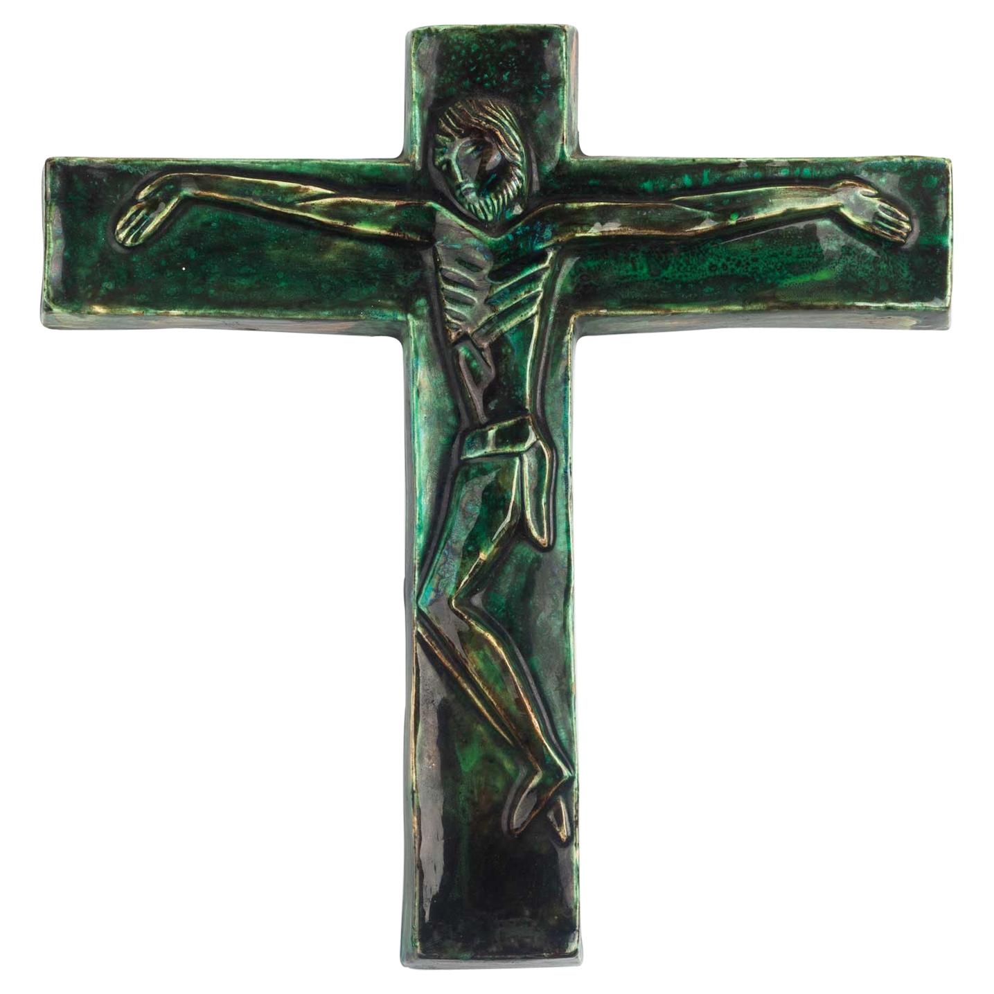 Midcentury Religious European Crucifix, Green, 1970s For Sale