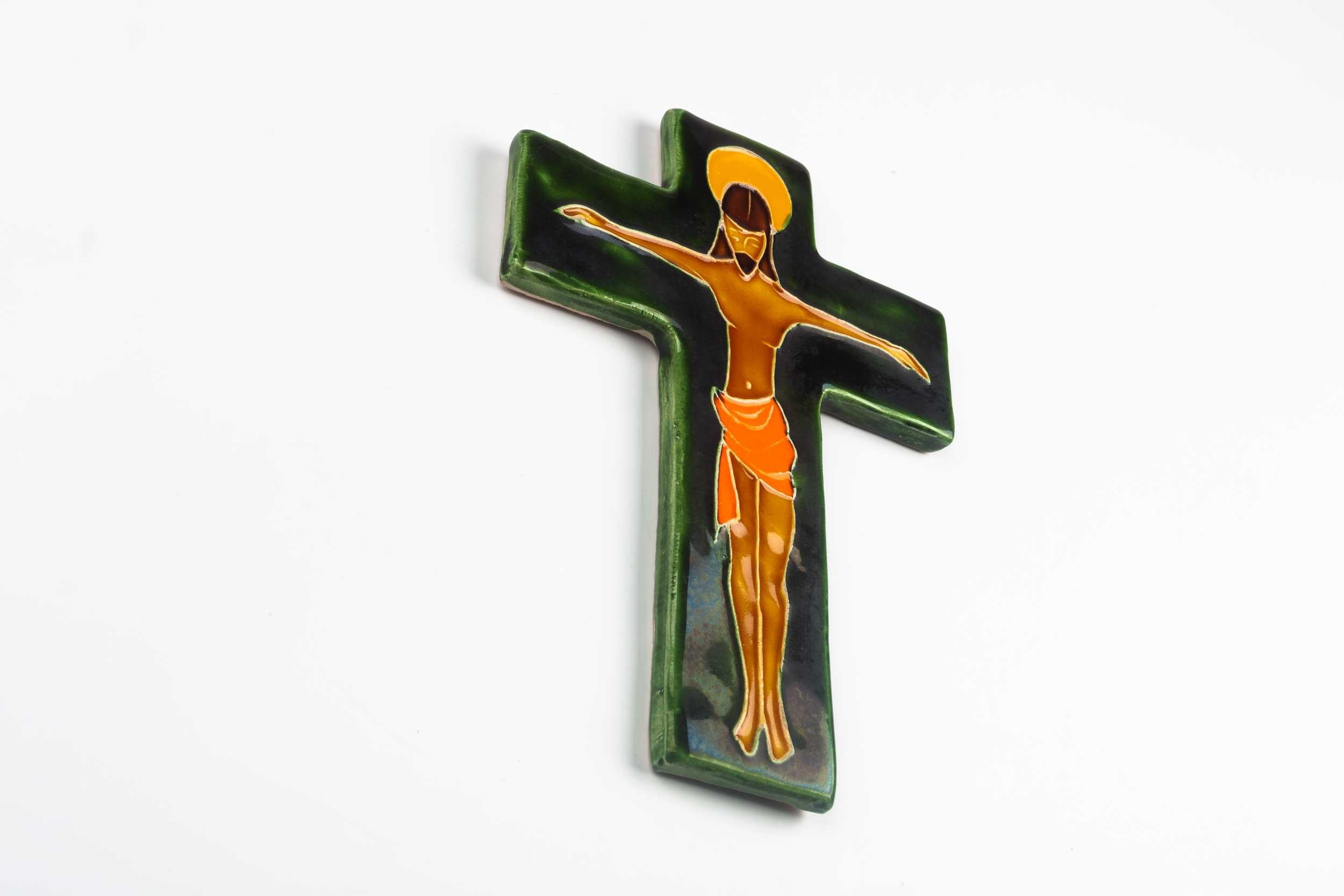 Mid-Century Modern Midcentury Religious European Crucifix, Green, Orange, Yellow, 1970s For Sale