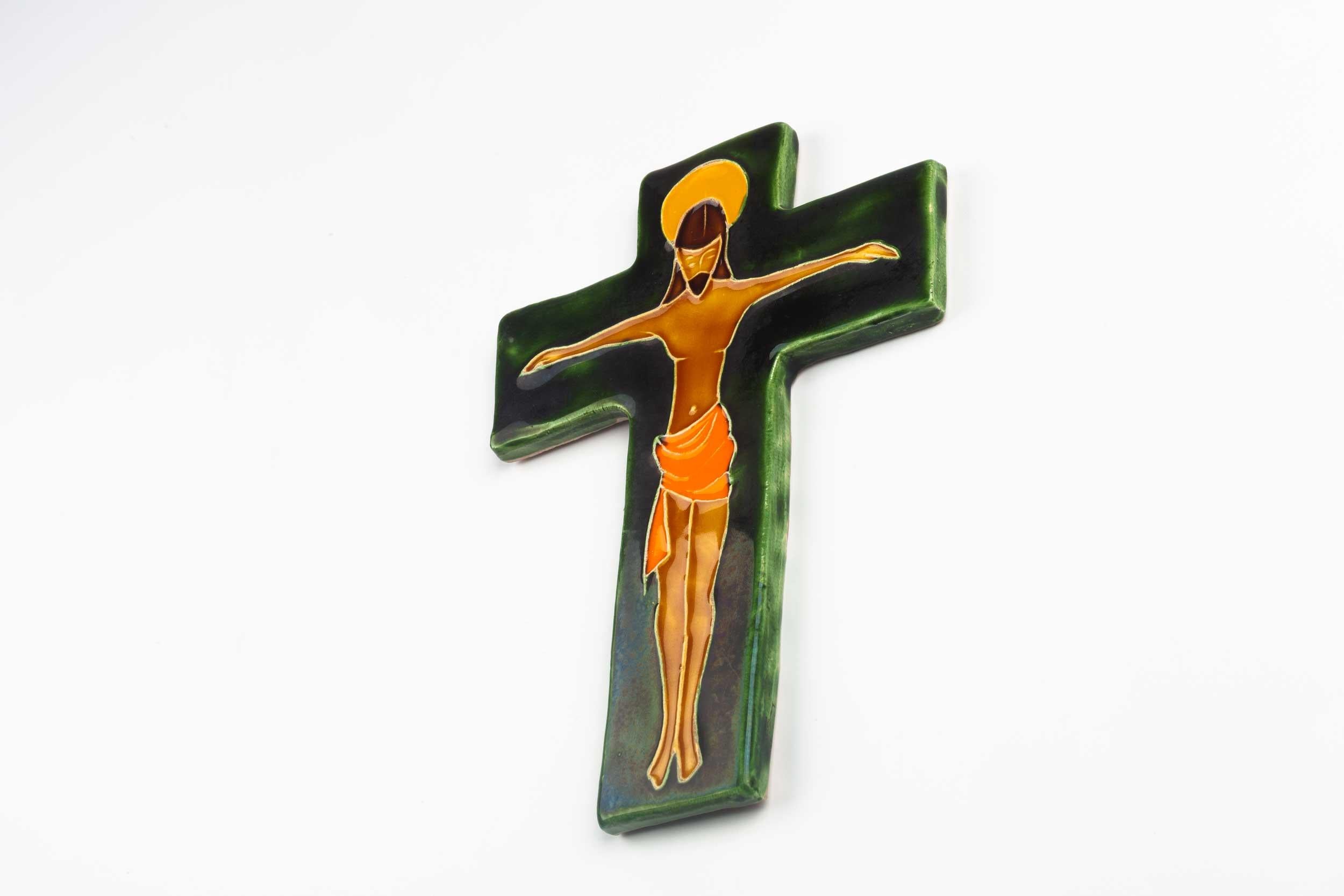 Belgian Midcentury Religious European Crucifix, Green, Orange, Yellow, 1970s For Sale