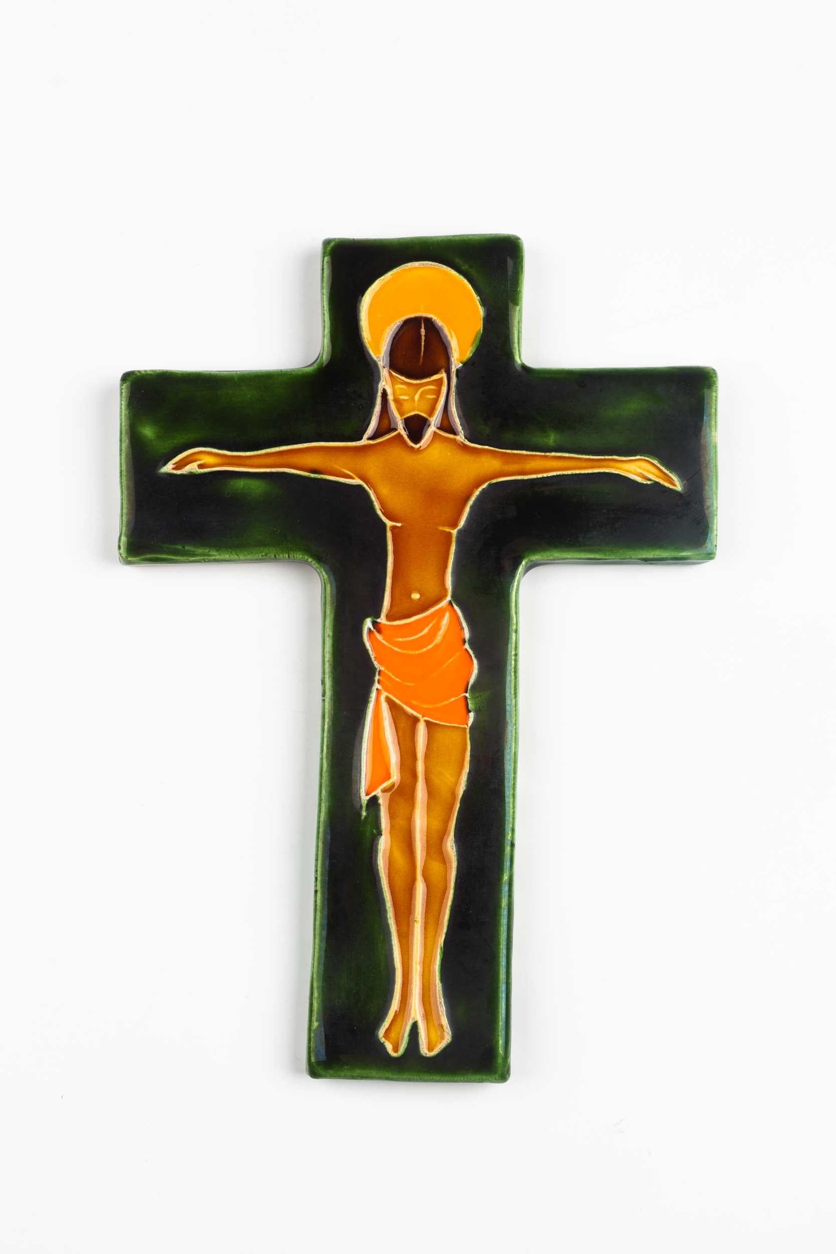 Midcentury Religious European Crucifix, Green, Orange, Yellow, 1970s In Good Condition For Sale In Chicago, IL