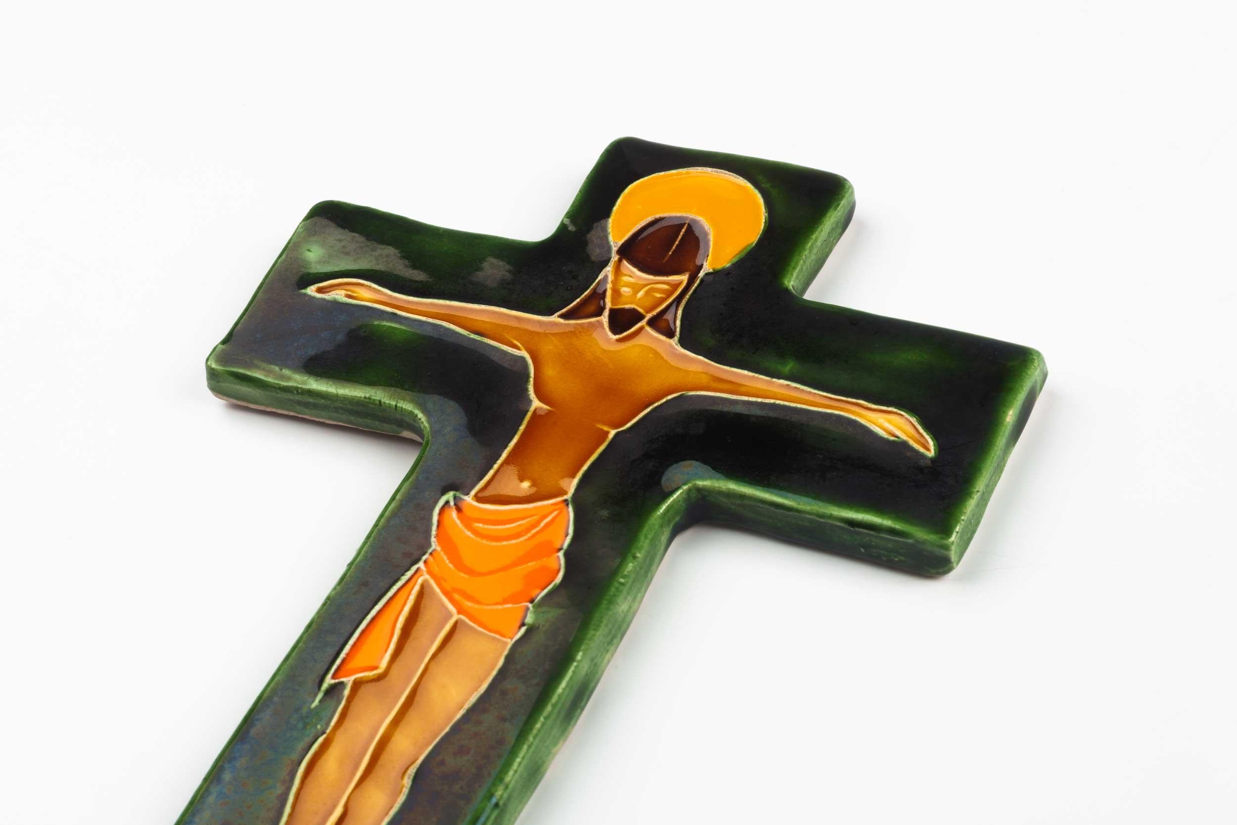 Late 20th Century Midcentury Religious European Crucifix, Green, Orange, Yellow, 1970s For Sale