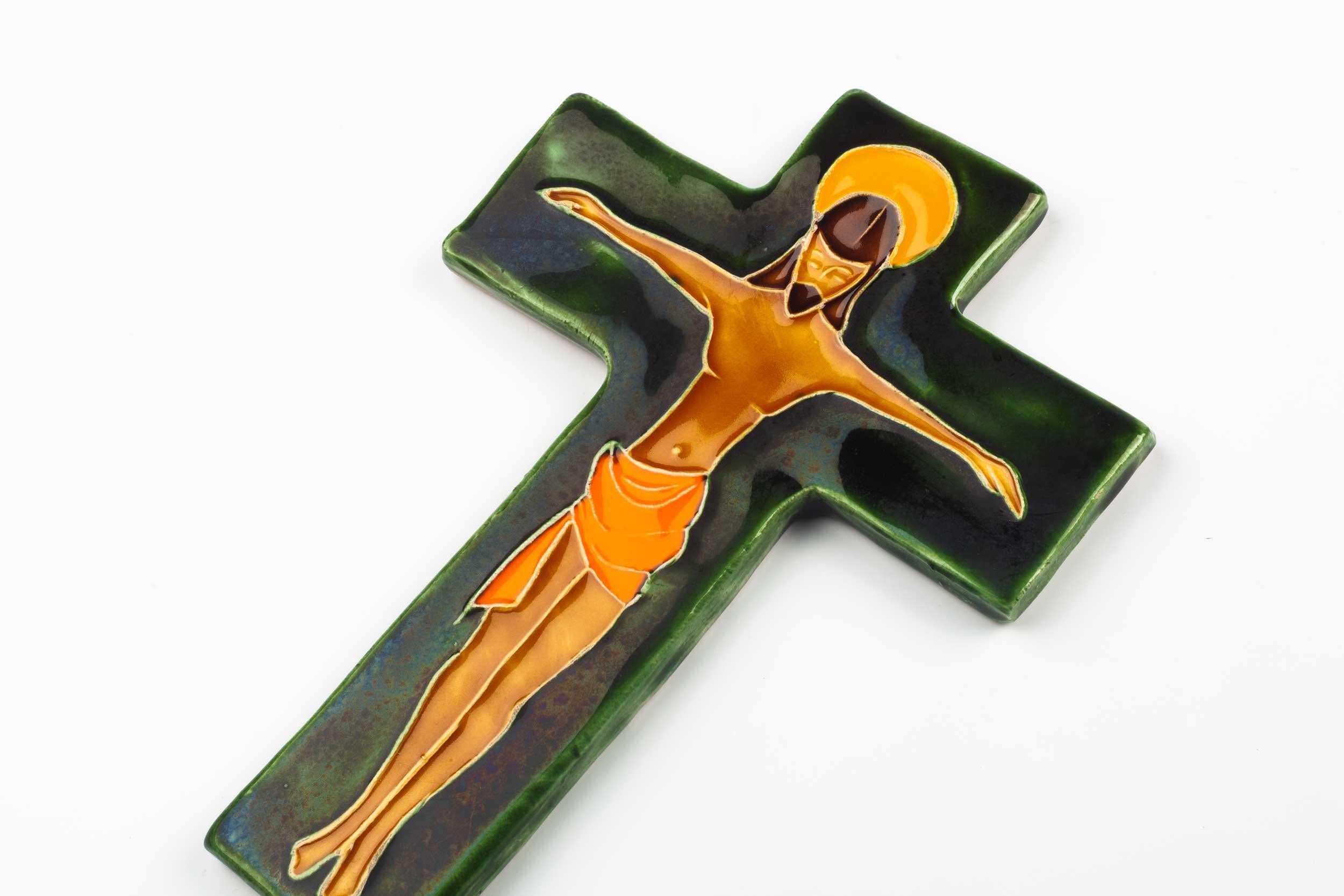 Clay Midcentury Religious European Crucifix, Green, Orange, Yellow, 1970s For Sale