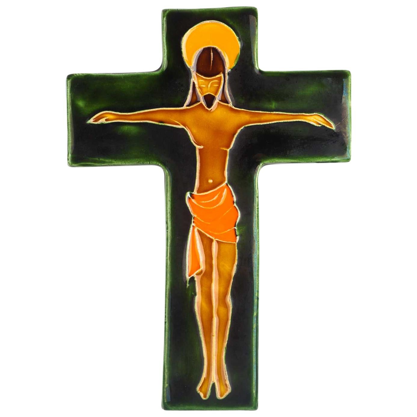 Midcentury Religious European Crucifix, Green, Orange, Yellow, 1970s For Sale