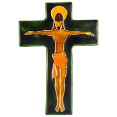 Midcentury Religious European Crucifix, Green, Orange, Yellow, 1970s