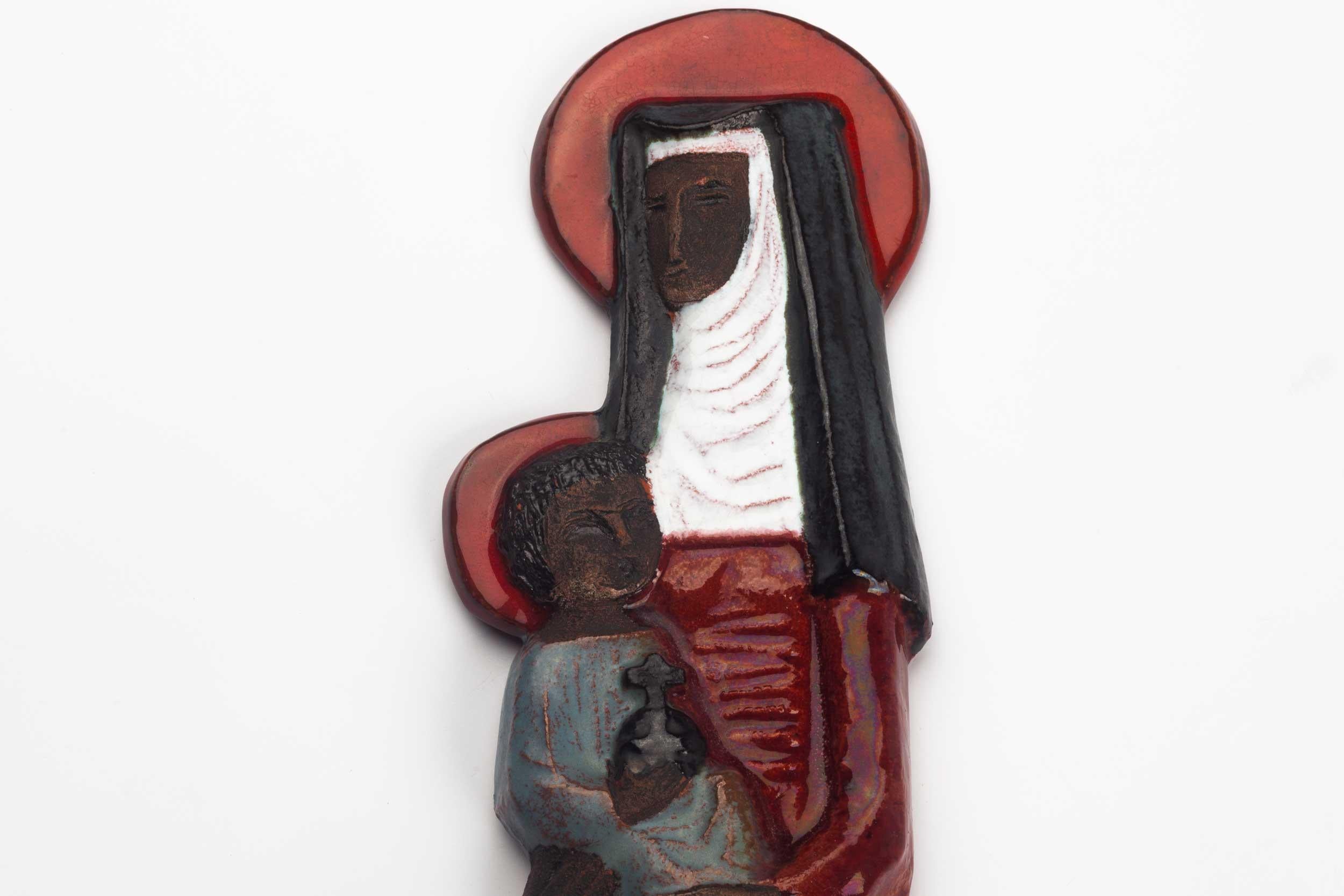 Clay Midcentury Religious European Wall Sculpture, Mother and Child, 1970s For Sale