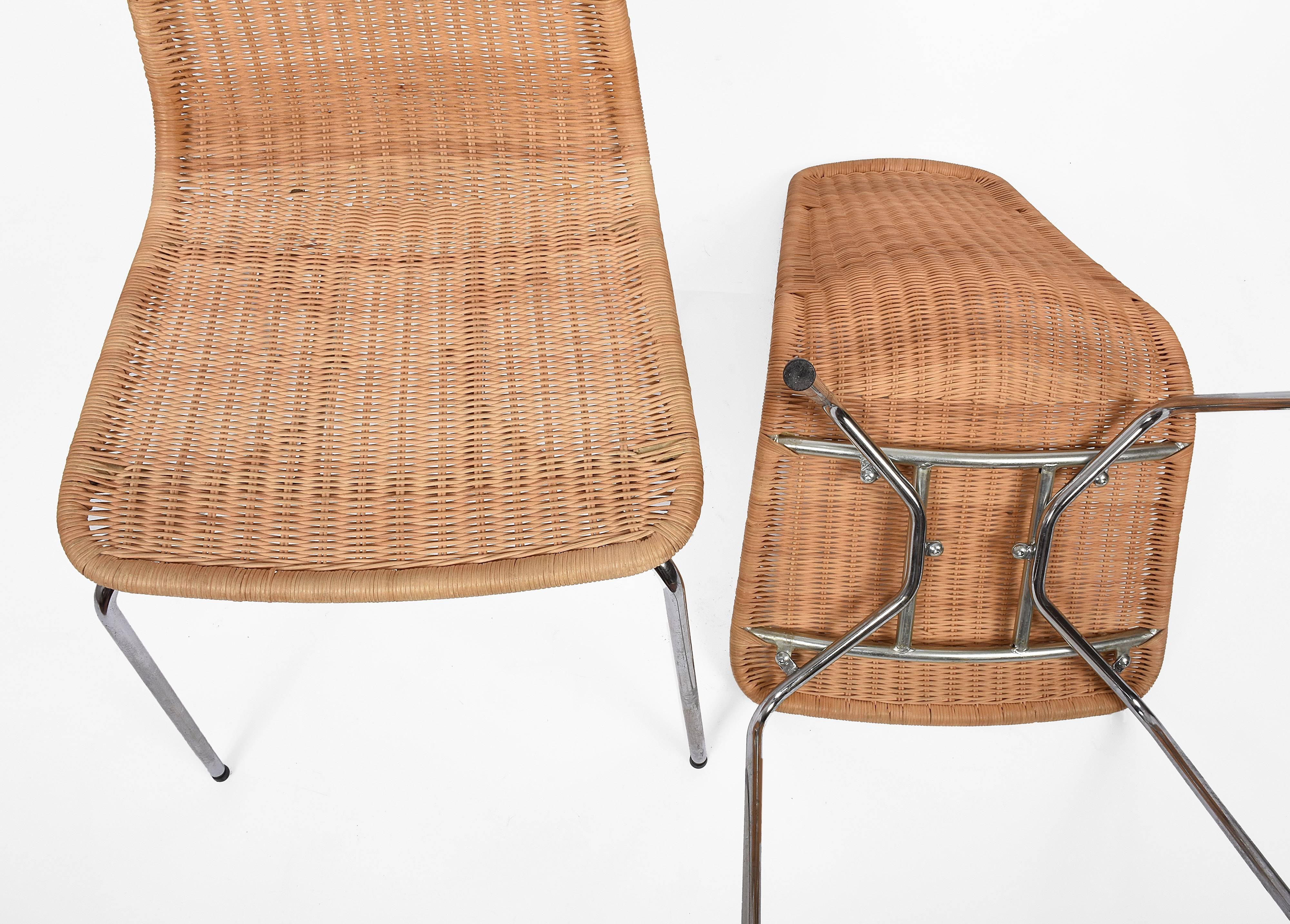 Midcentury Removable Rattan and Wicker and Chromed Metal Italian Chairs, 1970s 5