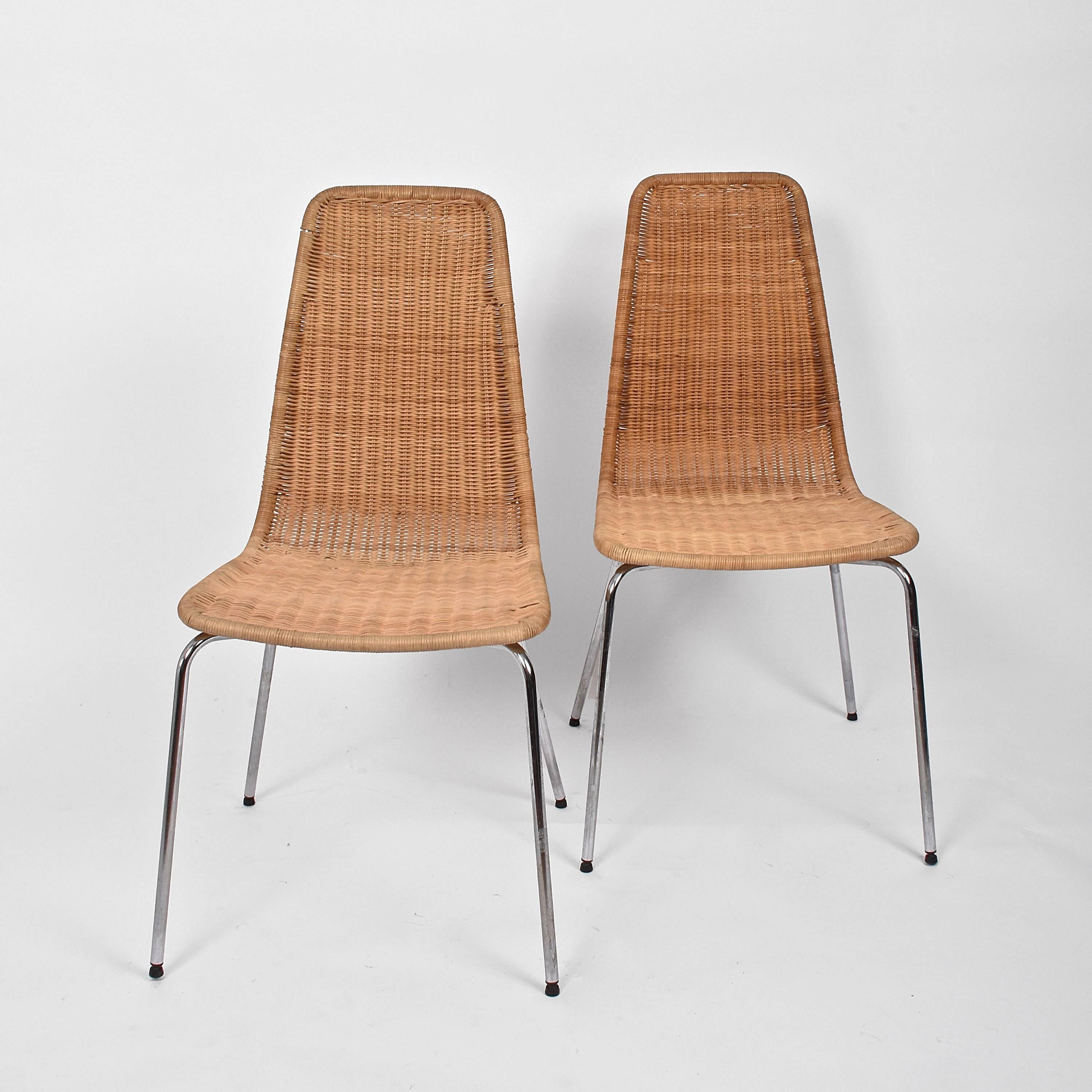 Late 20th Century Midcentury Removable Rattan and Wicker and Chromed Metal Italian Chairs, 1970s