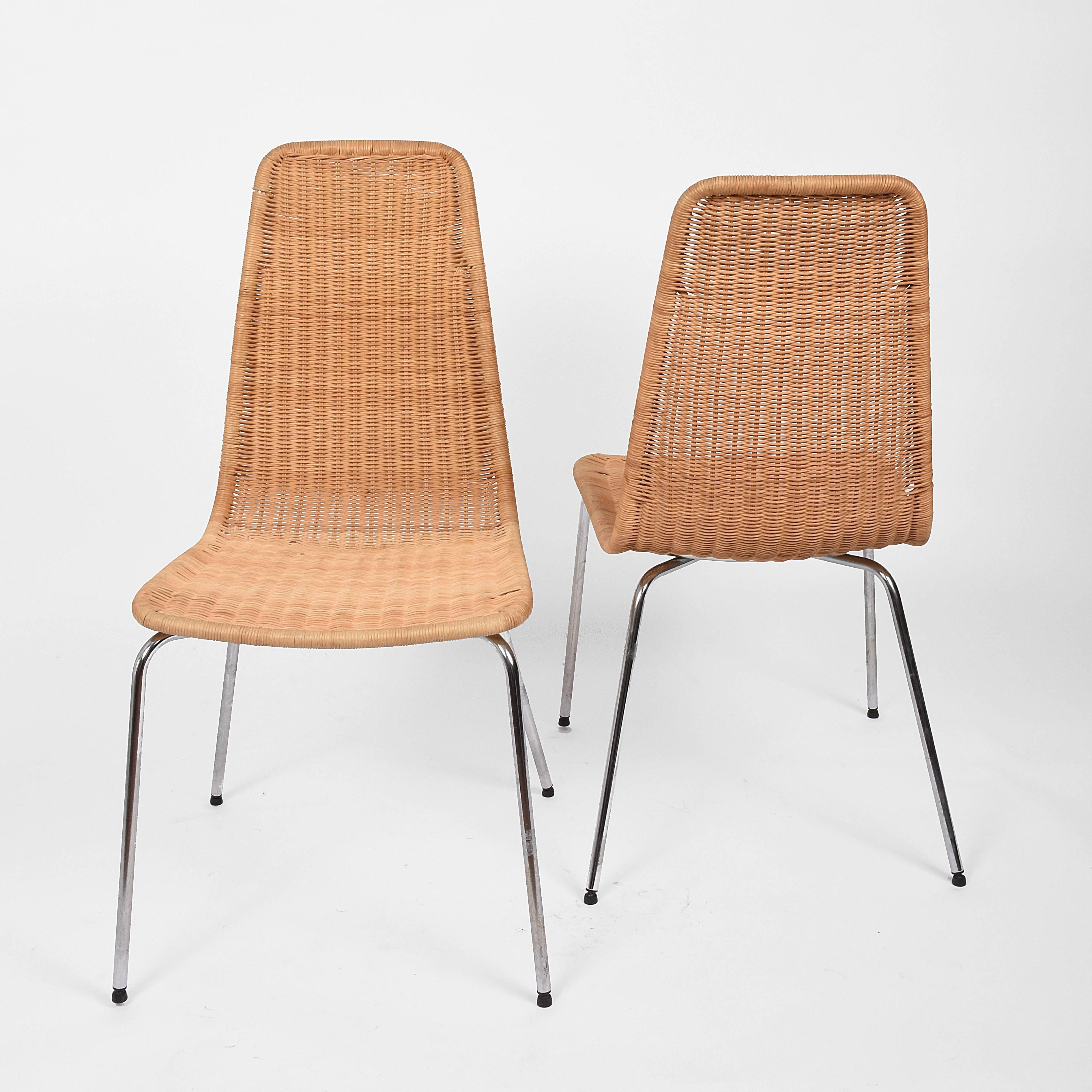 Midcentury Removable Rattan and Wicker and Chromed Metal Italian Chairs, 1970s 1