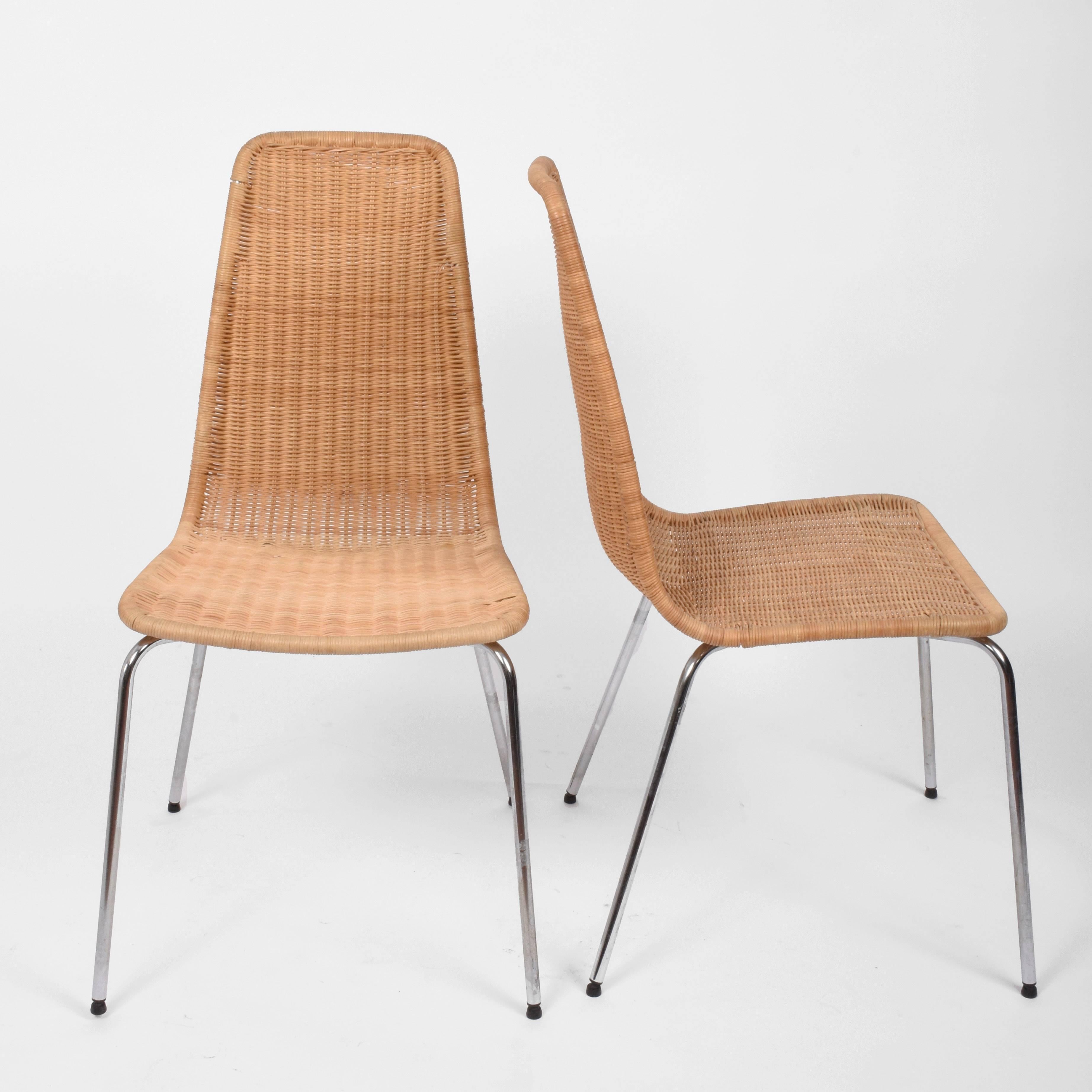 Midcentury Removable Rattan and Wicker and Chromed Metal Italian Chairs, 1970s 2
