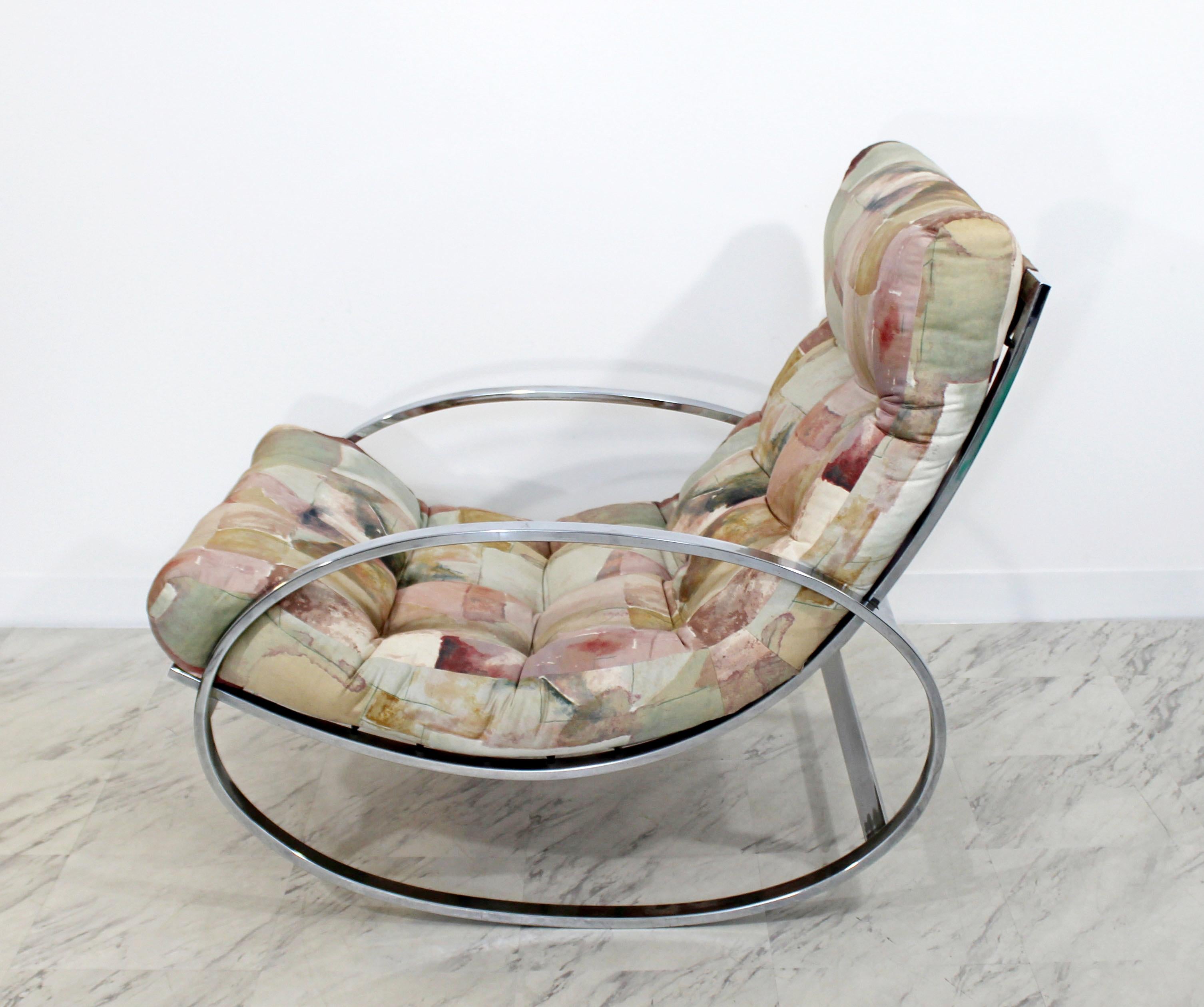 Upholstery Midcentury Renato Zevi Chrome Elliptical Rocking Chair Selig Baughman Era, 1970s