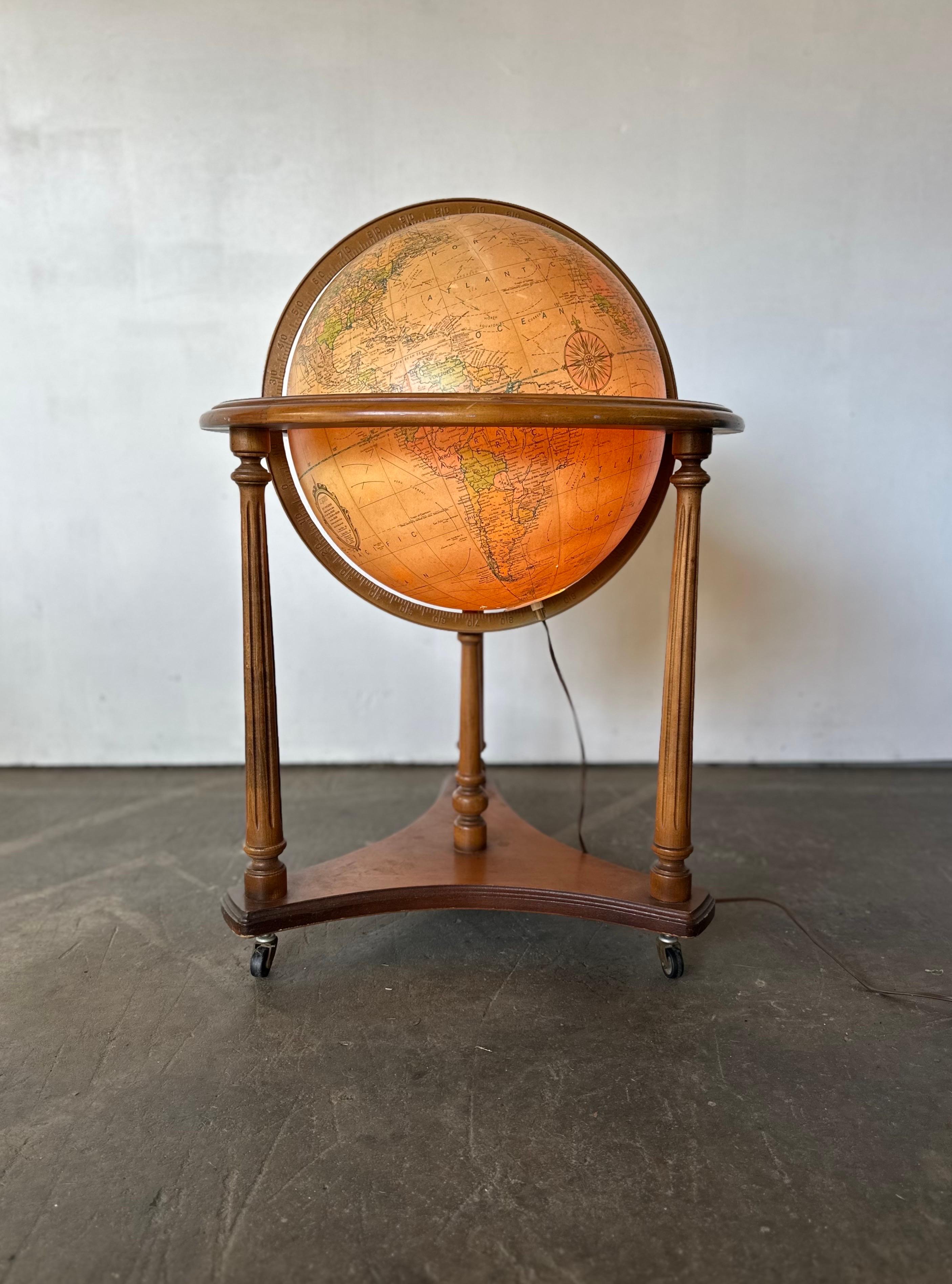 Midcentury Replogle Illuminated Globe on Solid Wood Stand 4