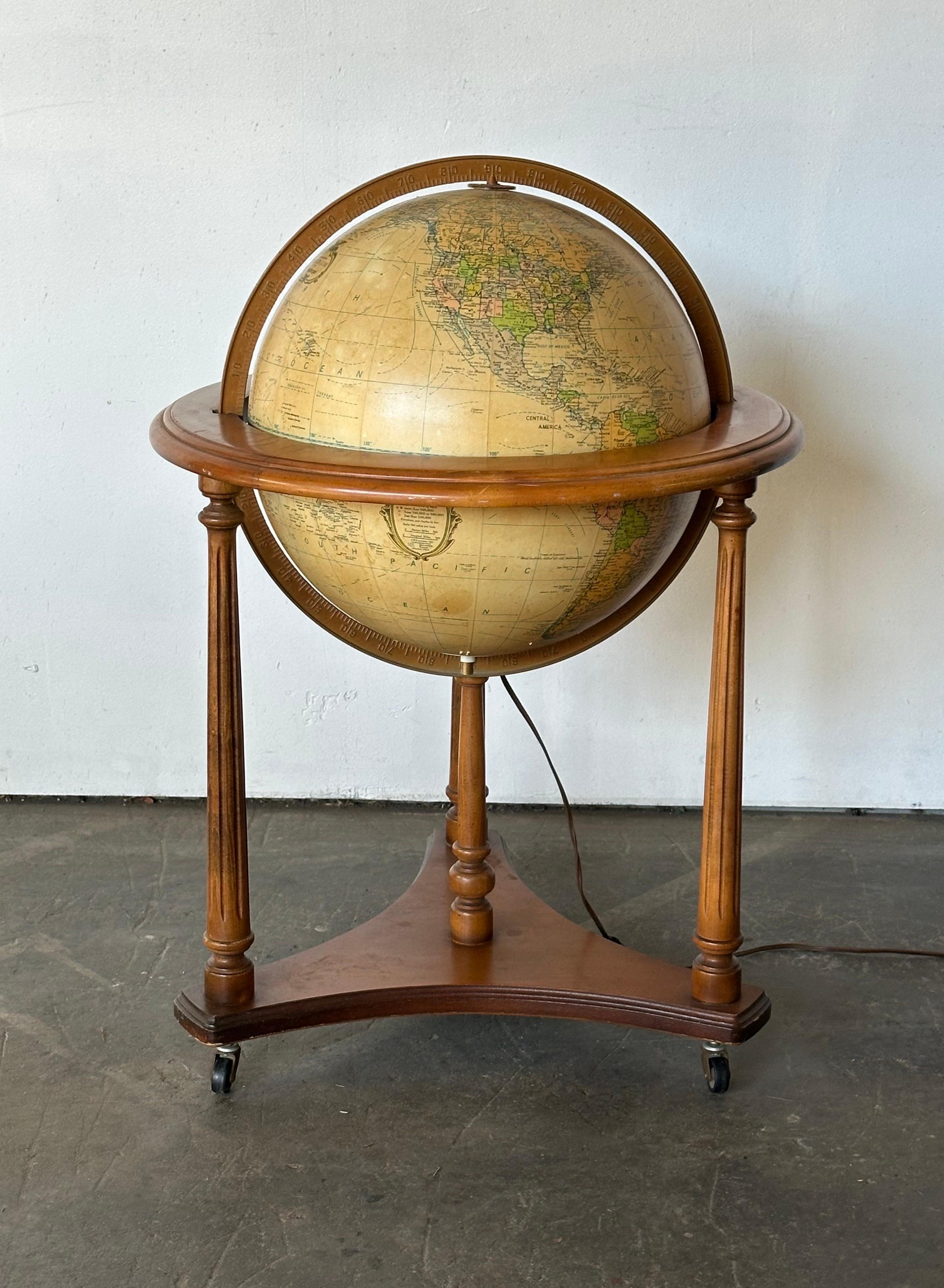 Midcentury Replogle Illuminated Globe on Solid Wood Stand 8