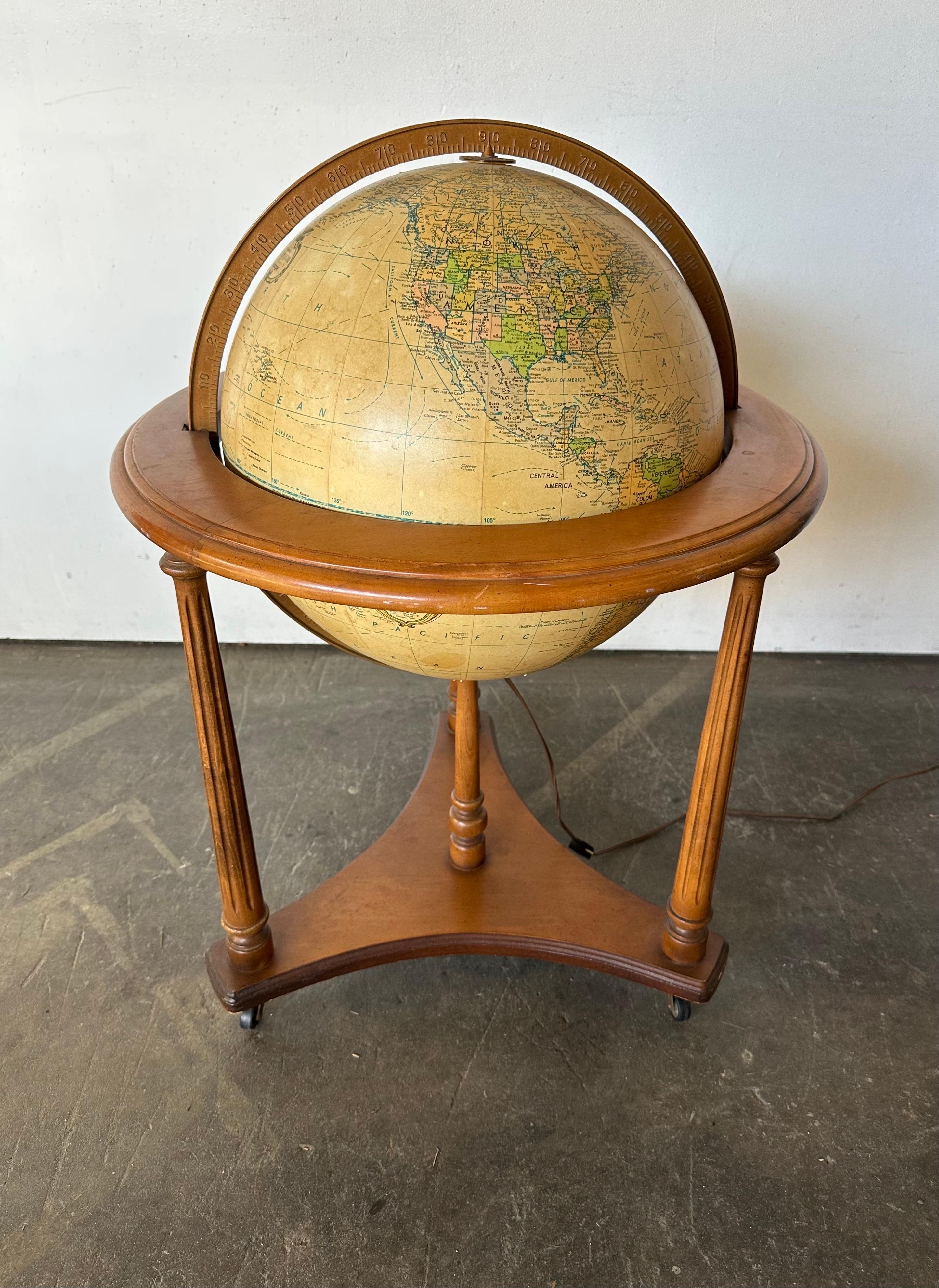 Midcentury Replogle Illuminated Globe on Solid Wood Stand 9