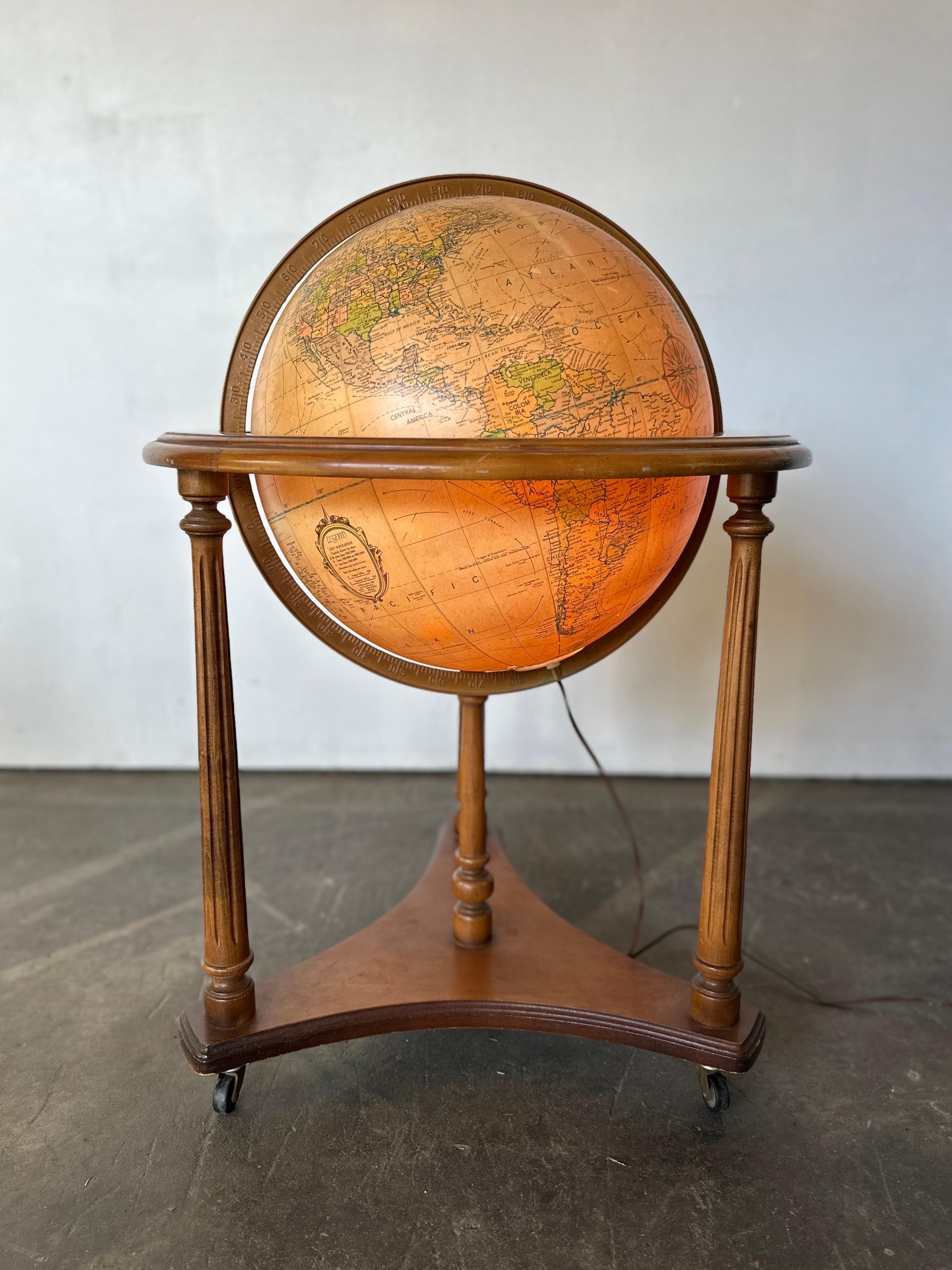Midcentury Replogle Illuminated Globe on Solid Wood Stand 11