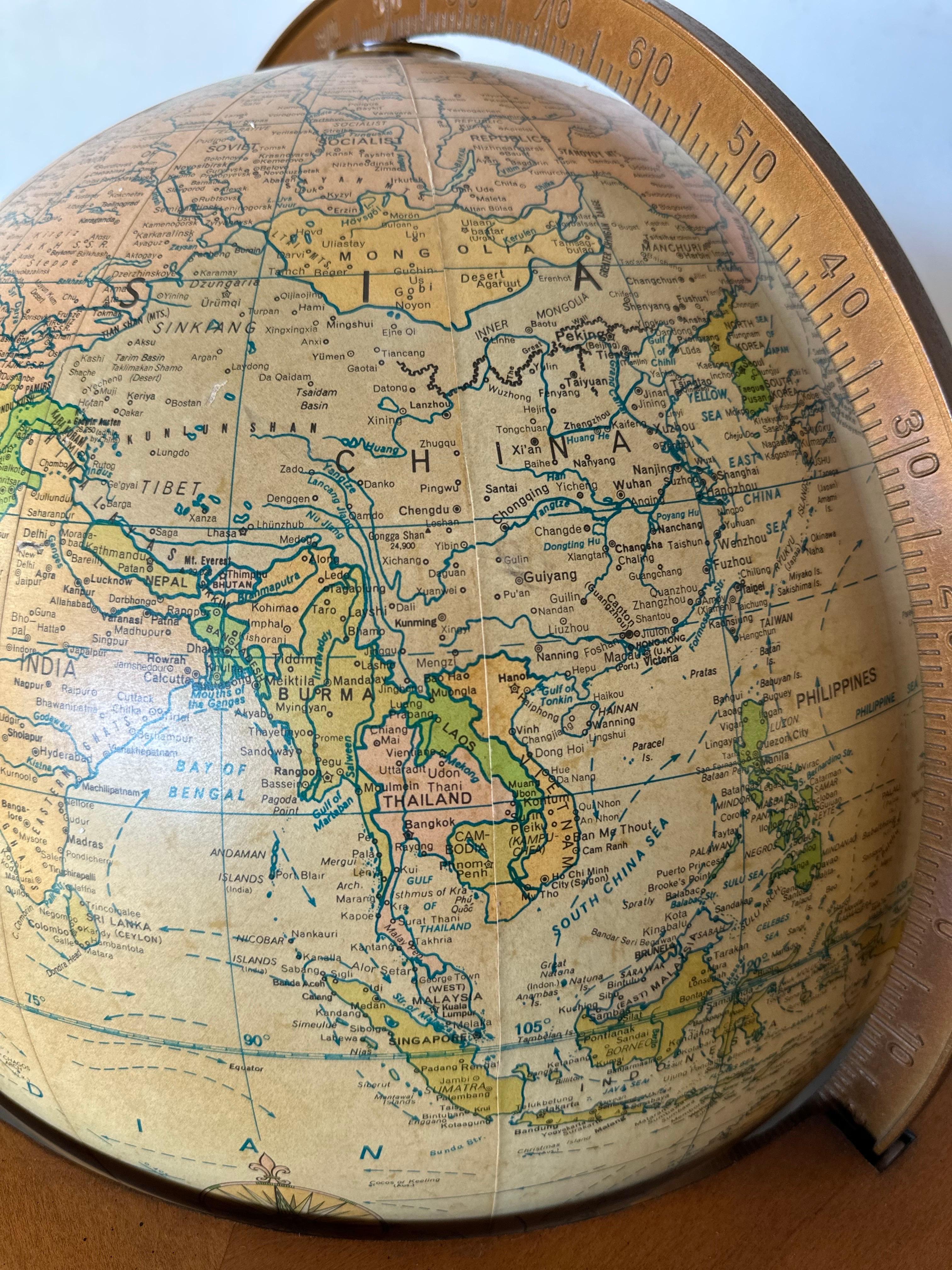 Midcentury Replogle Illuminated Globe on Solid Wood Stand 12