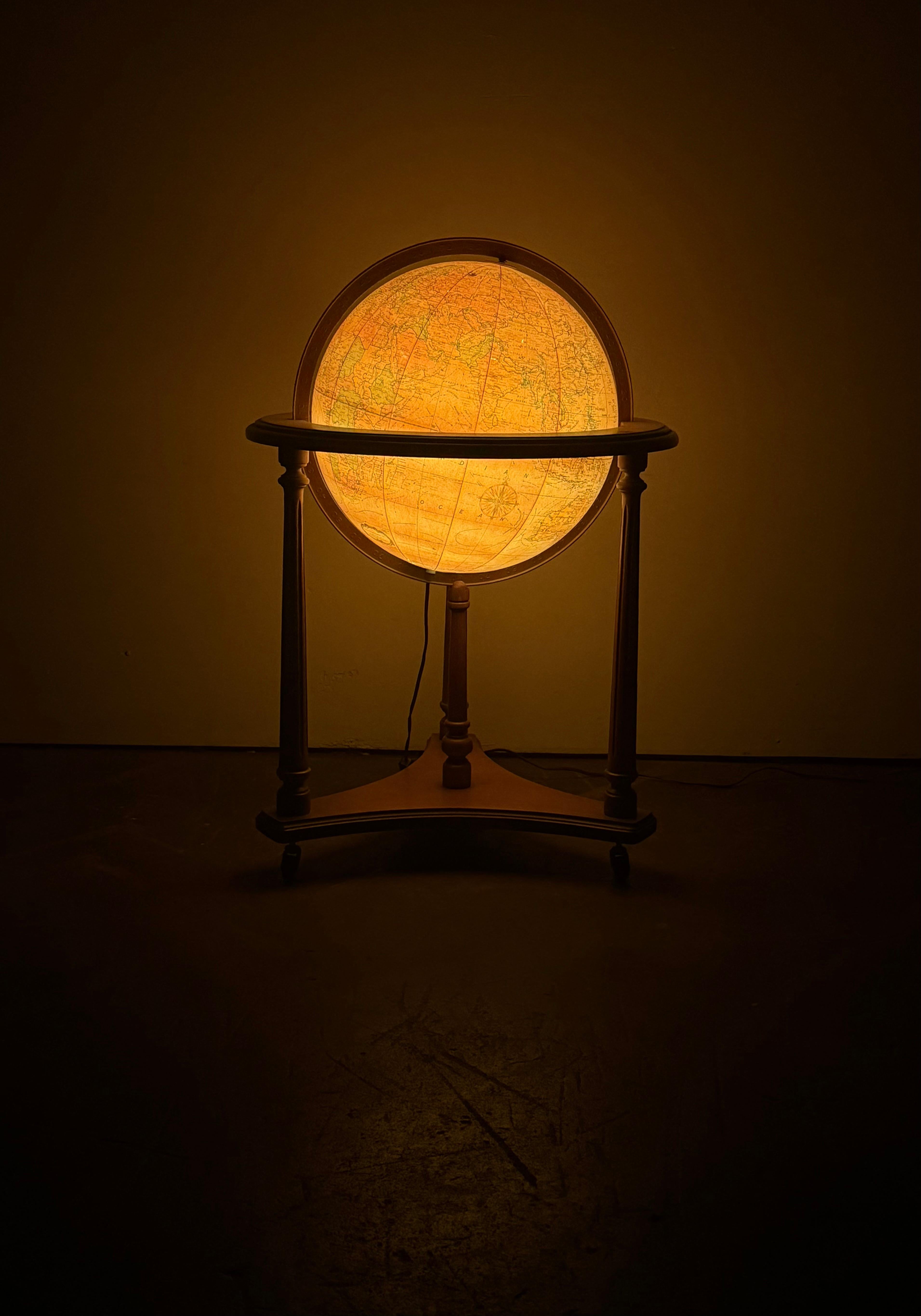 Midcentury Replogle Illuminated Globe on Solid Wood Stand 13