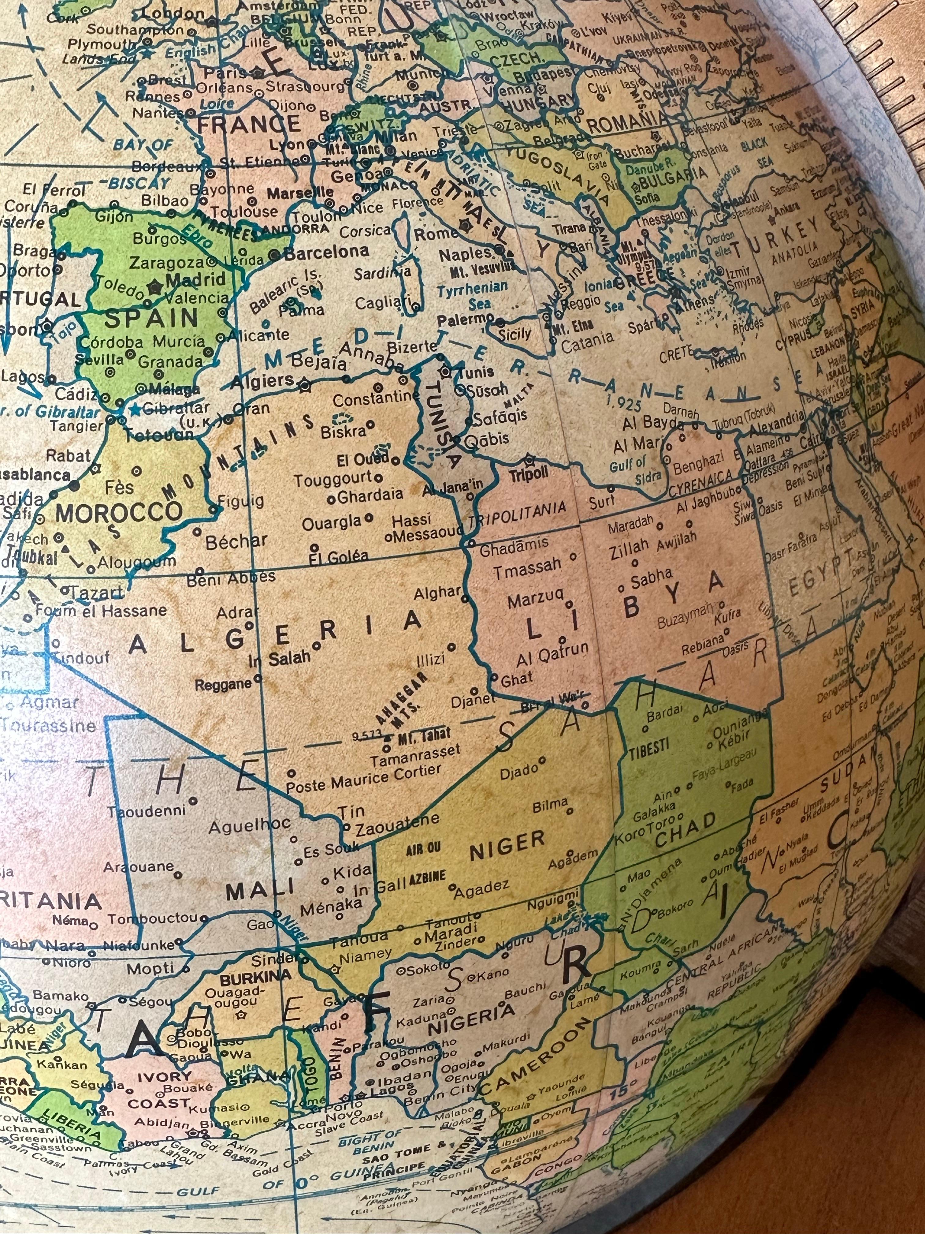 Midcentury Replogle Illuminated Globe on Solid Wood Stand In Good Condition In Brooklyn, NY